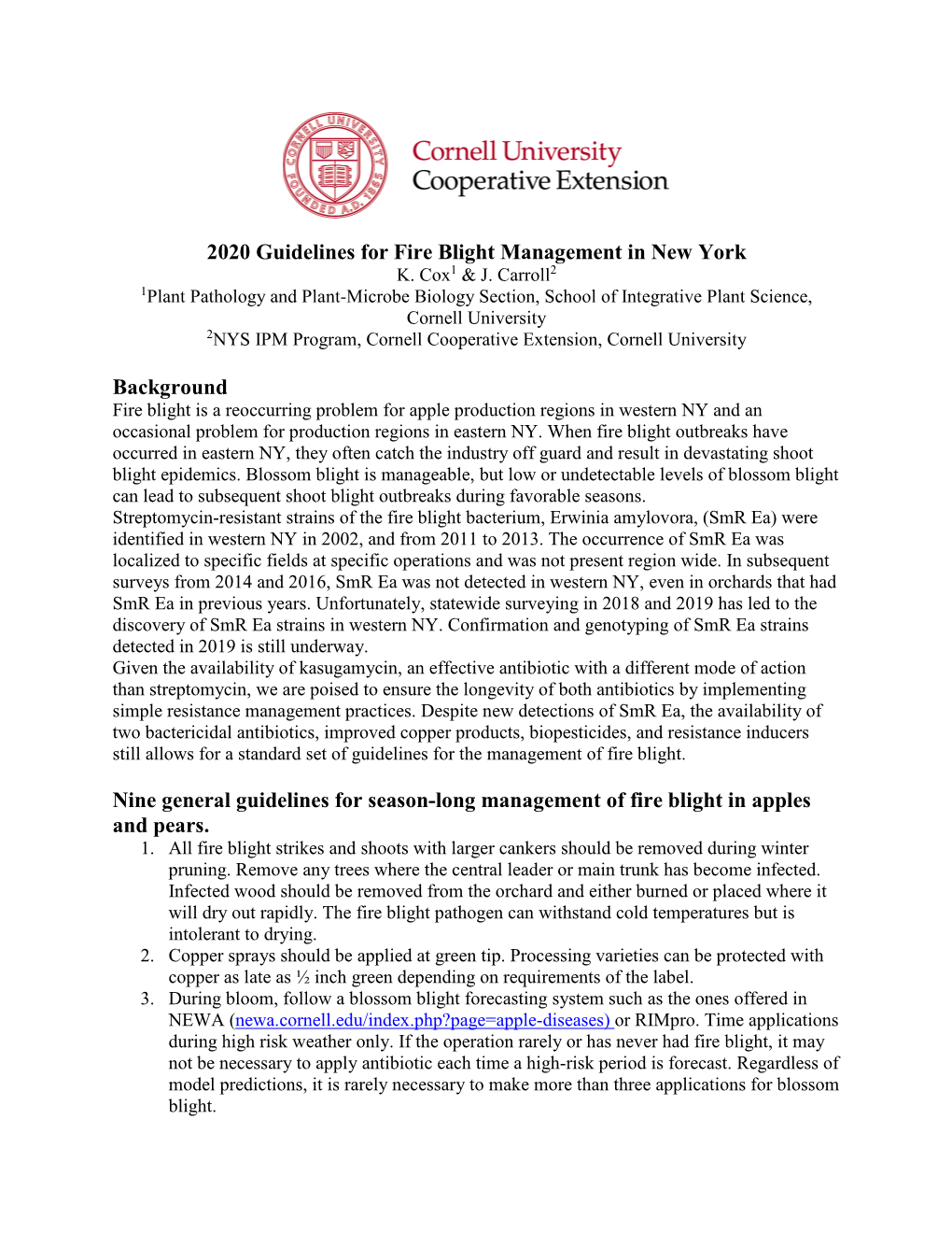 2020 Guidelines for Fire Blight Management in New York K