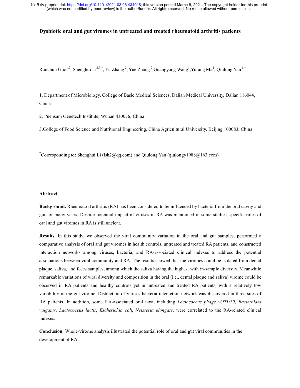 Dysbiotic Oral and Gut Viromes in Untreated and Treated Rheumatoid Arthritis Patients