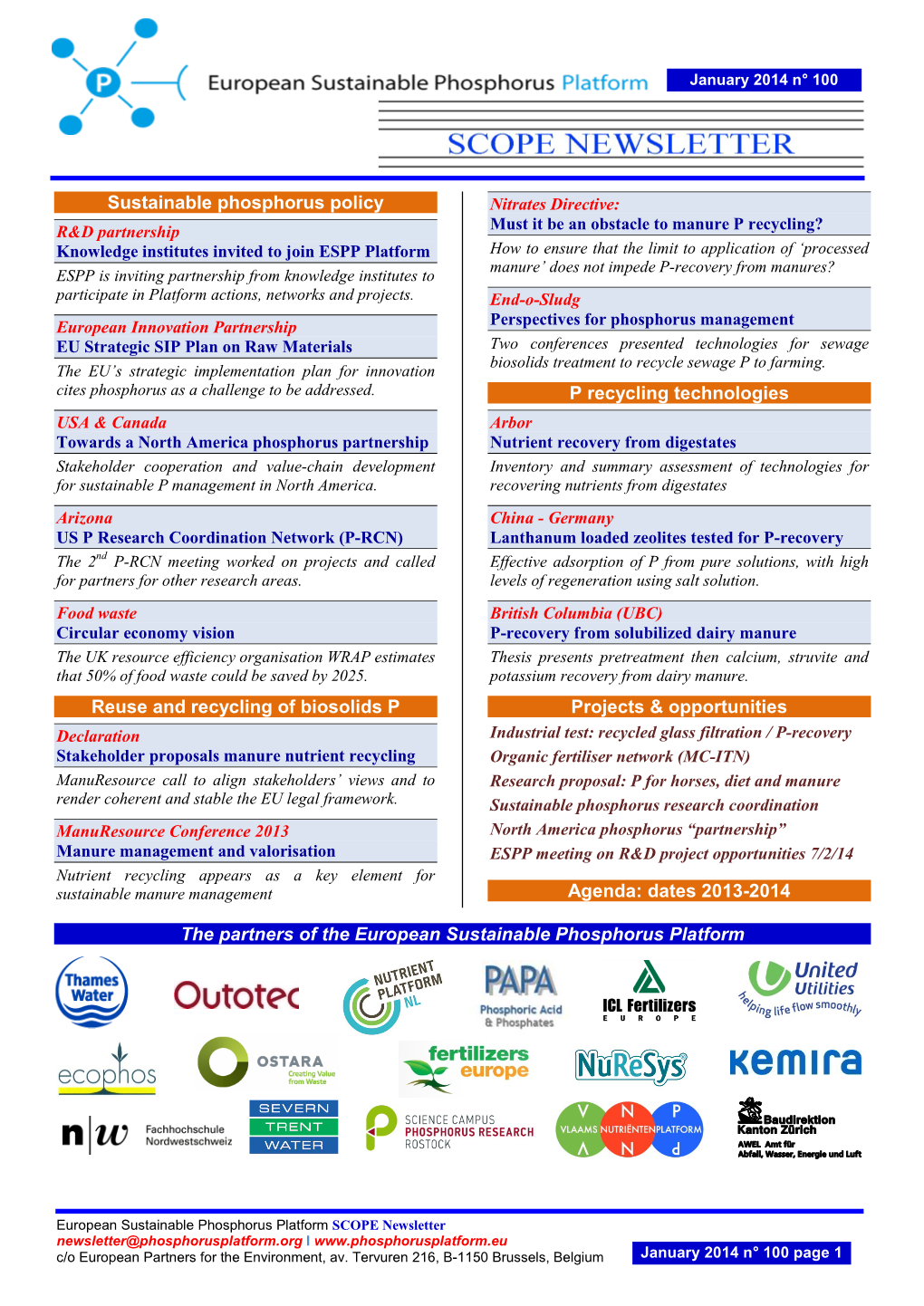 SCOPE Newsletter Newsletter@Phosphorusplatform.Org I C/O European Partners for the Environment, Av