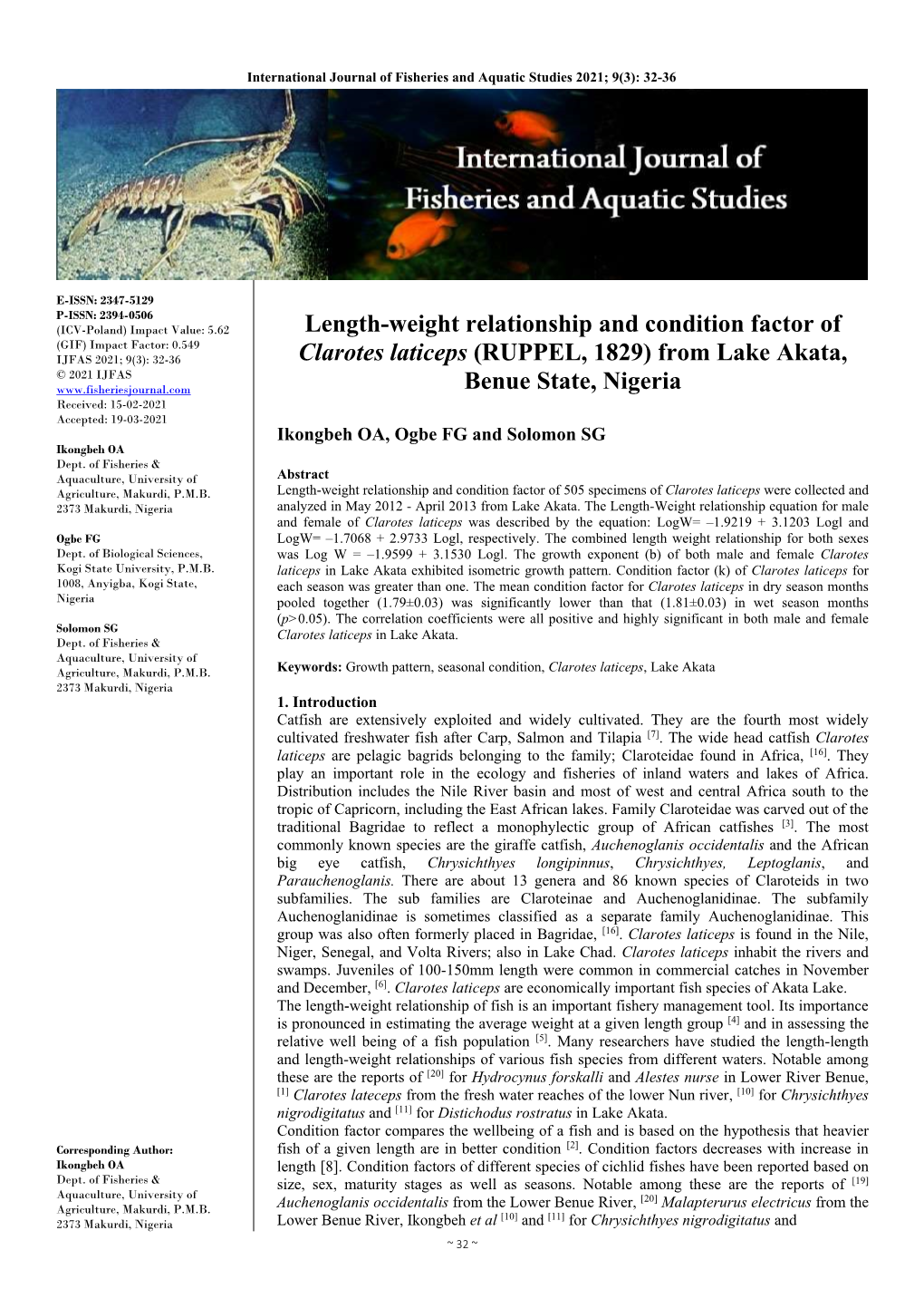 Length-Weight Relationship and Condition Factor of Clarotes Laticeps