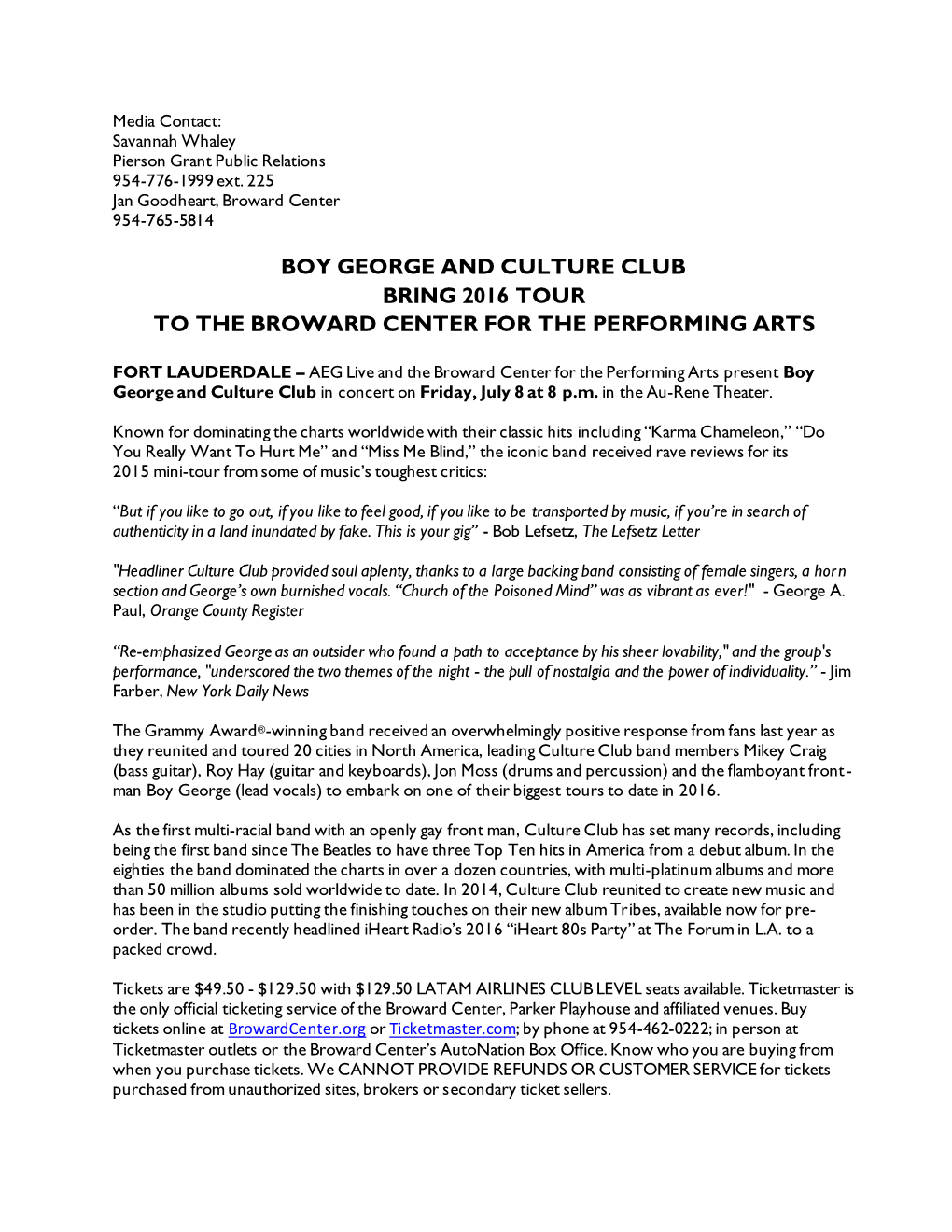 Boy George and Culture Club Bring 2016 Tour to the Broward Center for the Performing Arts