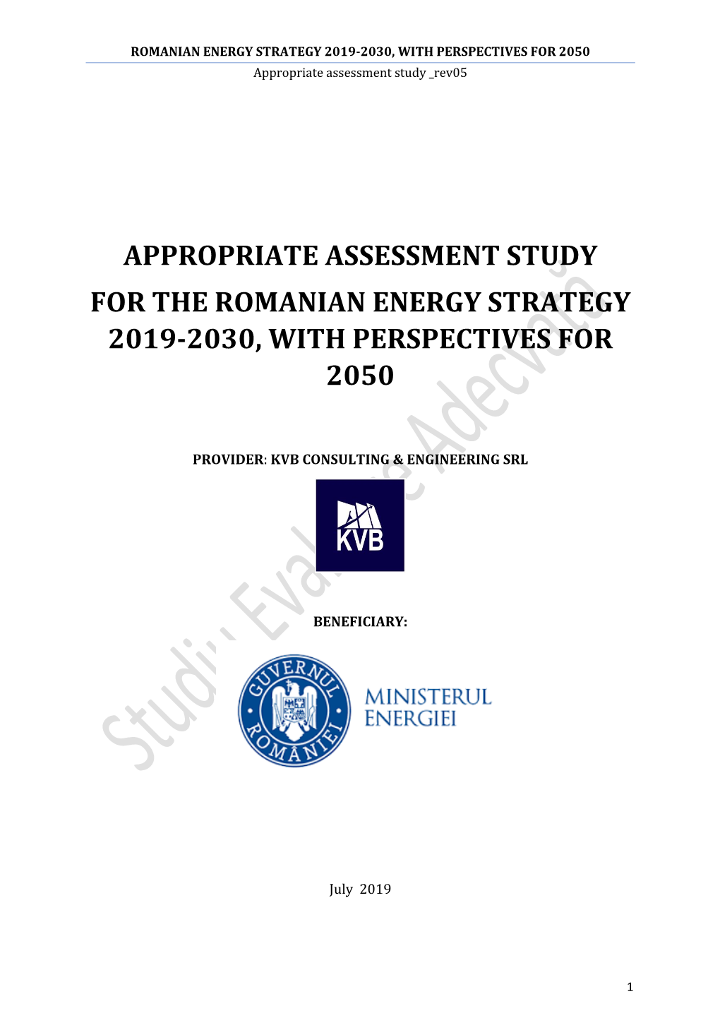 Appropriate Assessment Study for the Romanian Energy Strategy 2019-2030, with Perspectives for 2050