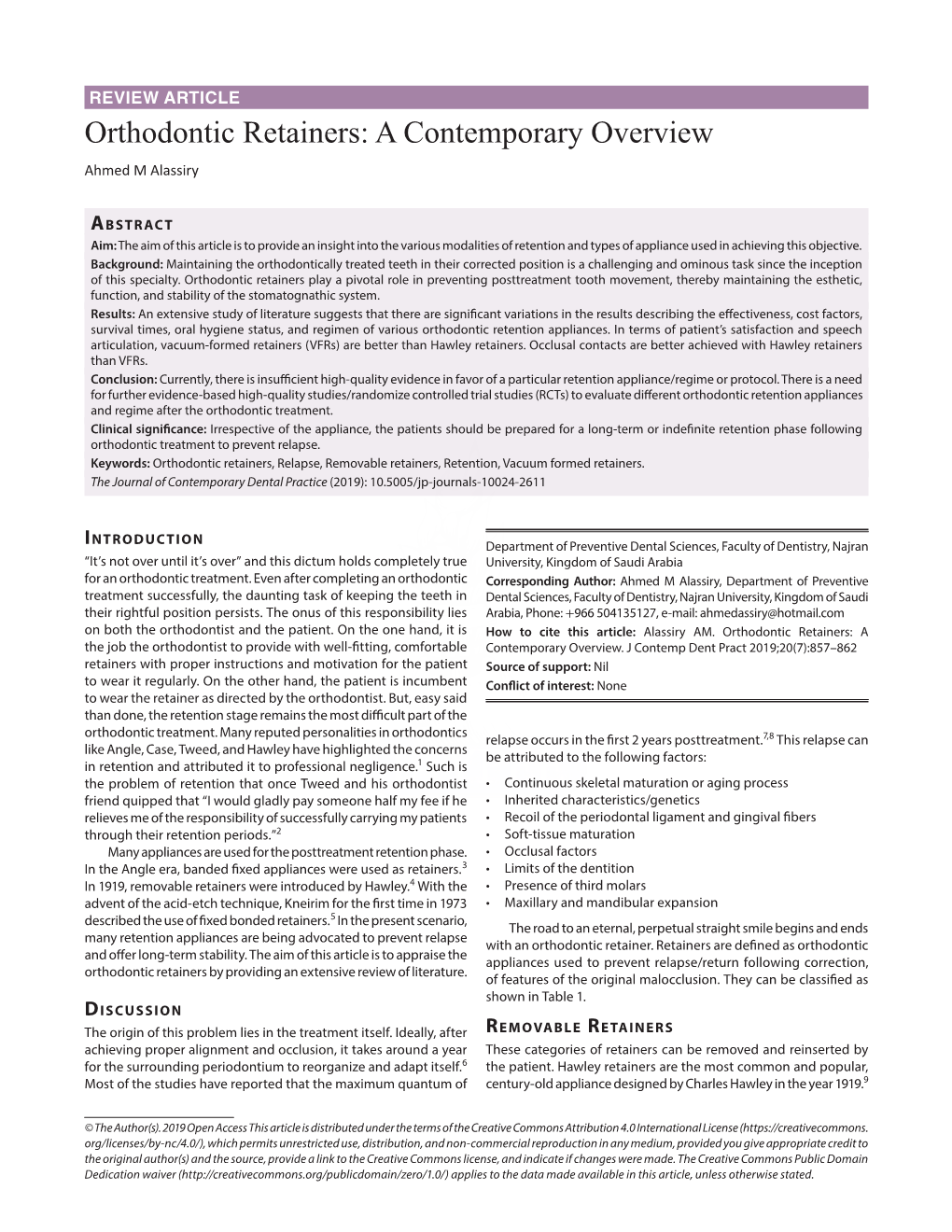 Orthodontic Retainers: a Contemporary Overview Ahmed M Alassiry