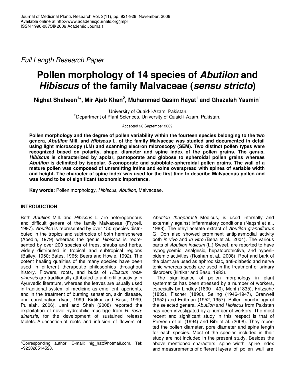 Pollen Morphology of 14 Species of Abutilon and Hibiscus of the Family Malvaceae (Sensu Stricto)