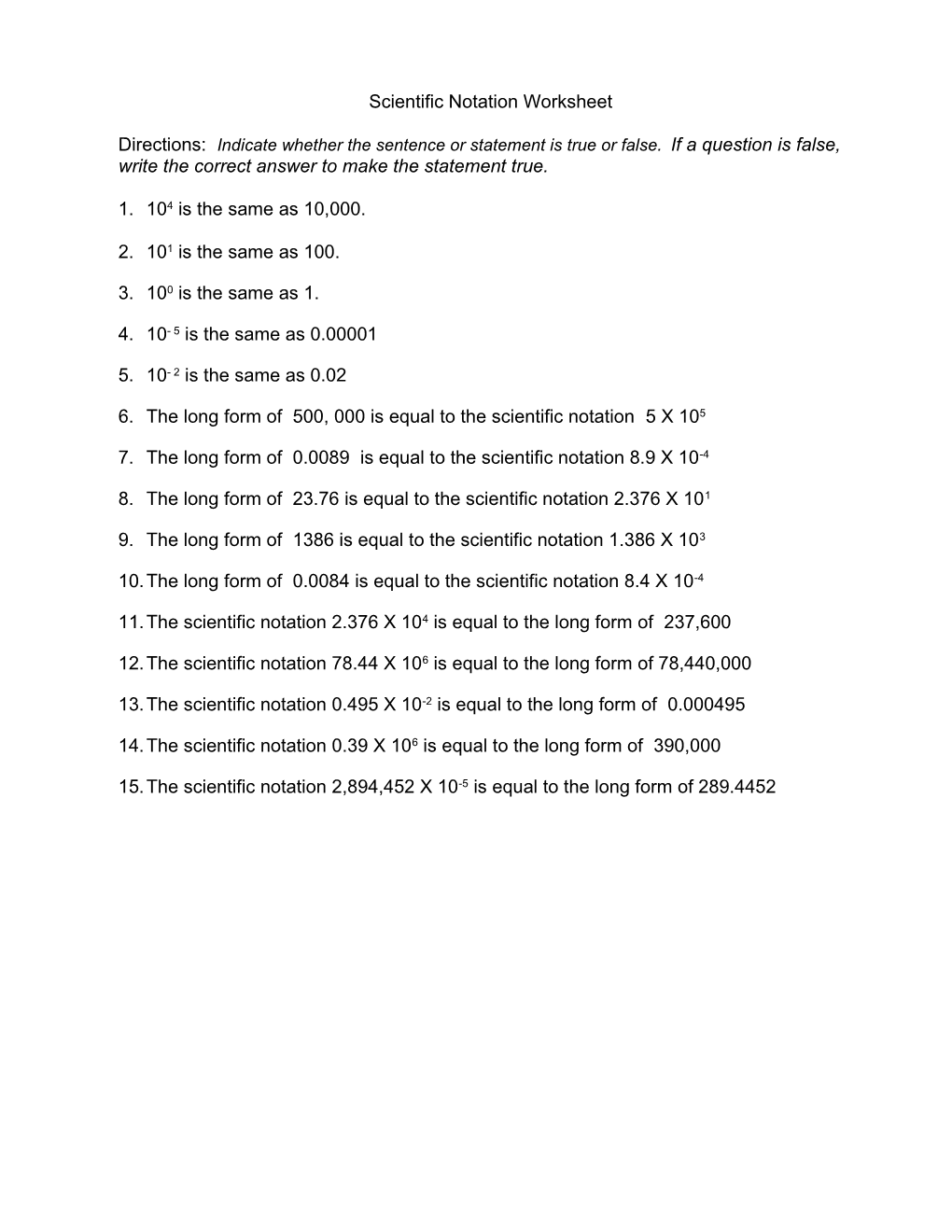 Scientific Notation Worksheet