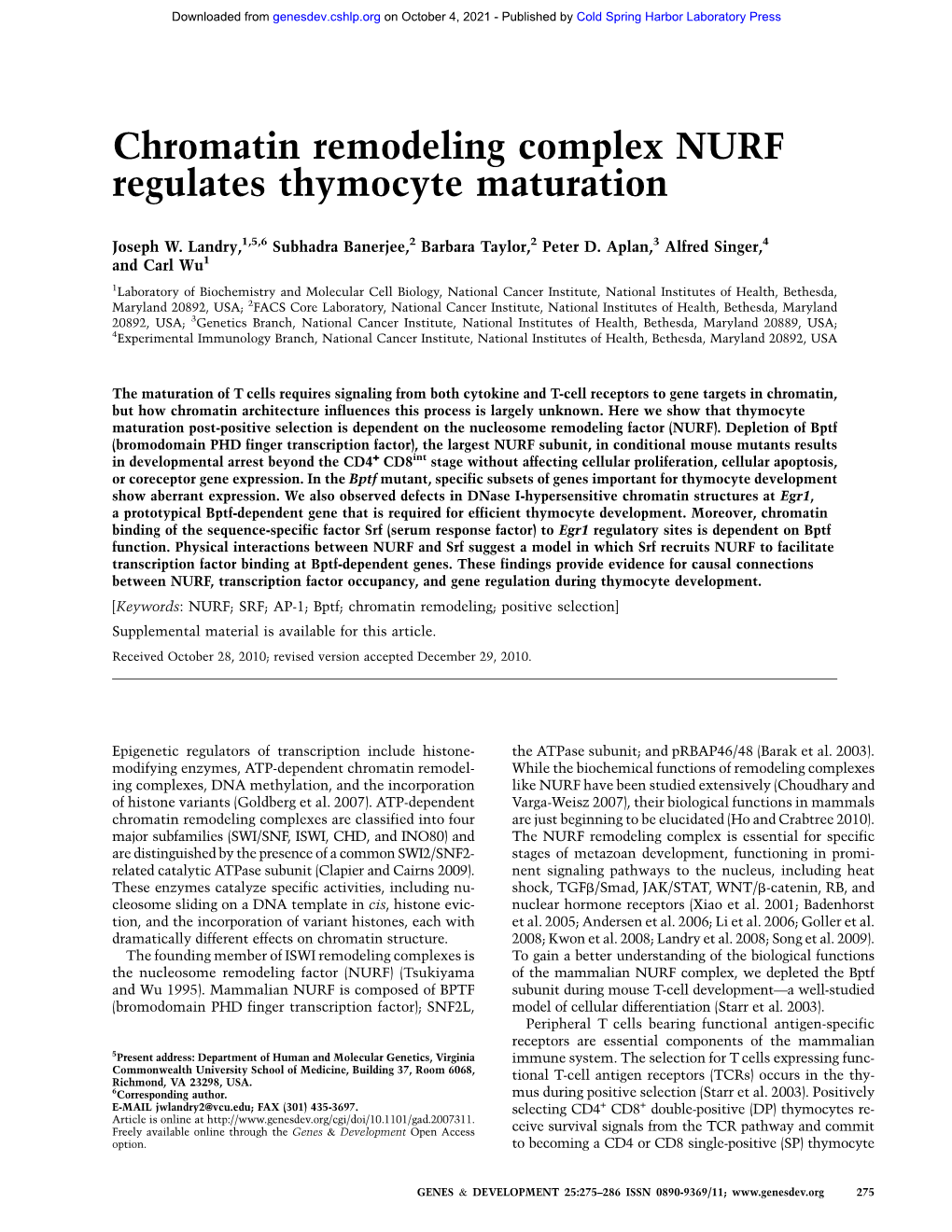 Chromatin Remodeling Complex NURF Regulates Thymocyte Maturation