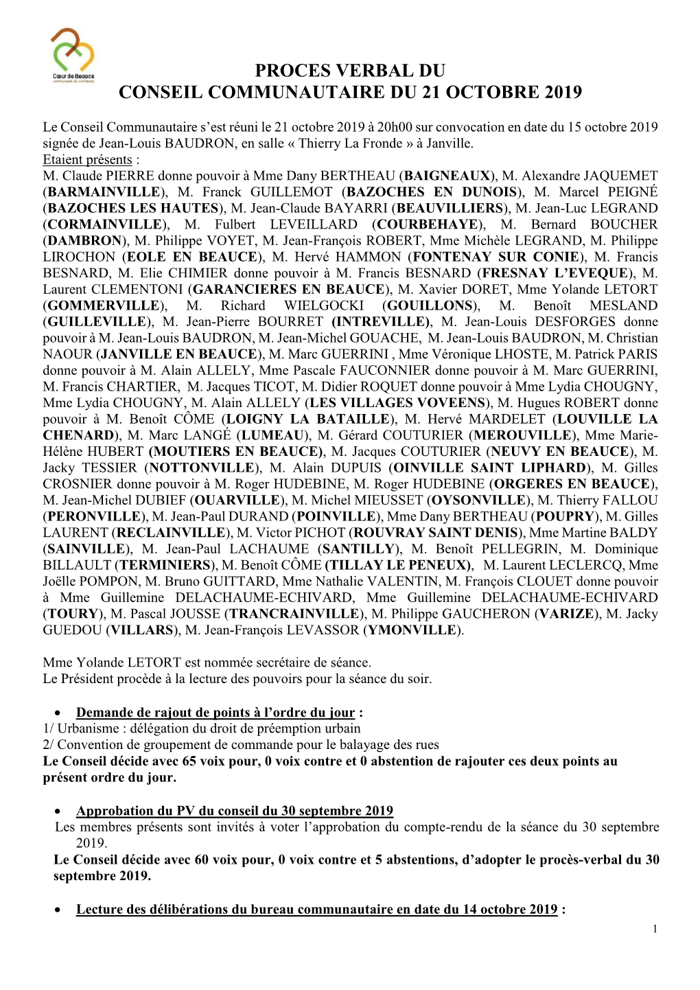 Proces Verbal Du Conseil Communautaire Du 21 Octobre 2019