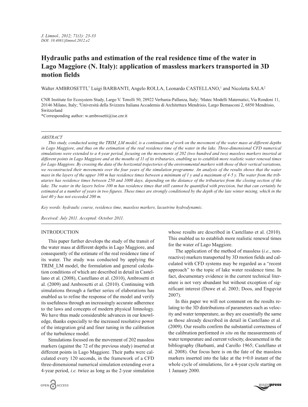 Hydraulic Paths and Estimation of the Real Residence Time of the Water in Lago Maggiore (N