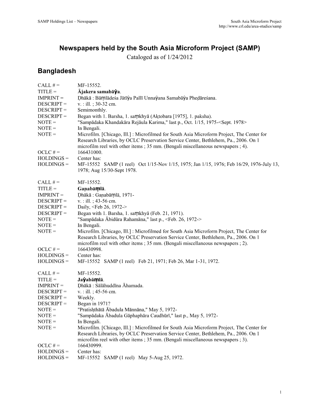 Newspapers Held by the South Asia Microform Project (SAMP) Cataloged As of 1/24/2012