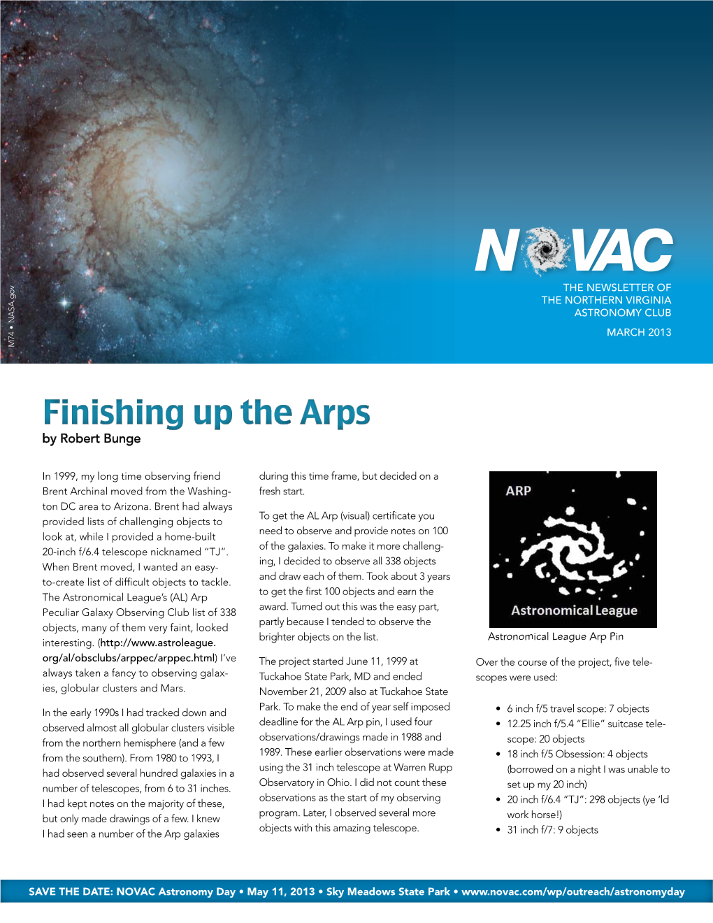 N VAC the Newsletter of the Northern Virginia Astronomy Club March 2013 M74 • NASA.Gov