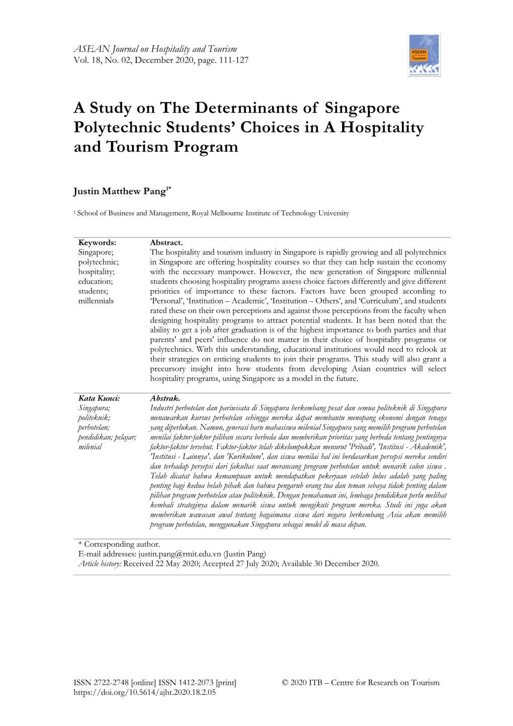 A Study on the Determinants of Singapore Polytechnic Students' Choices in a Hospitality and Tourism Program