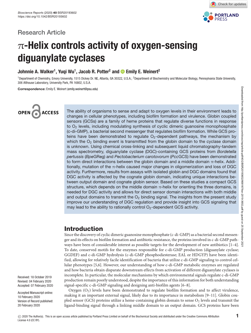 Π-Helix Controls Activity of Oxygen-Sensing Diguanylate Cyclases