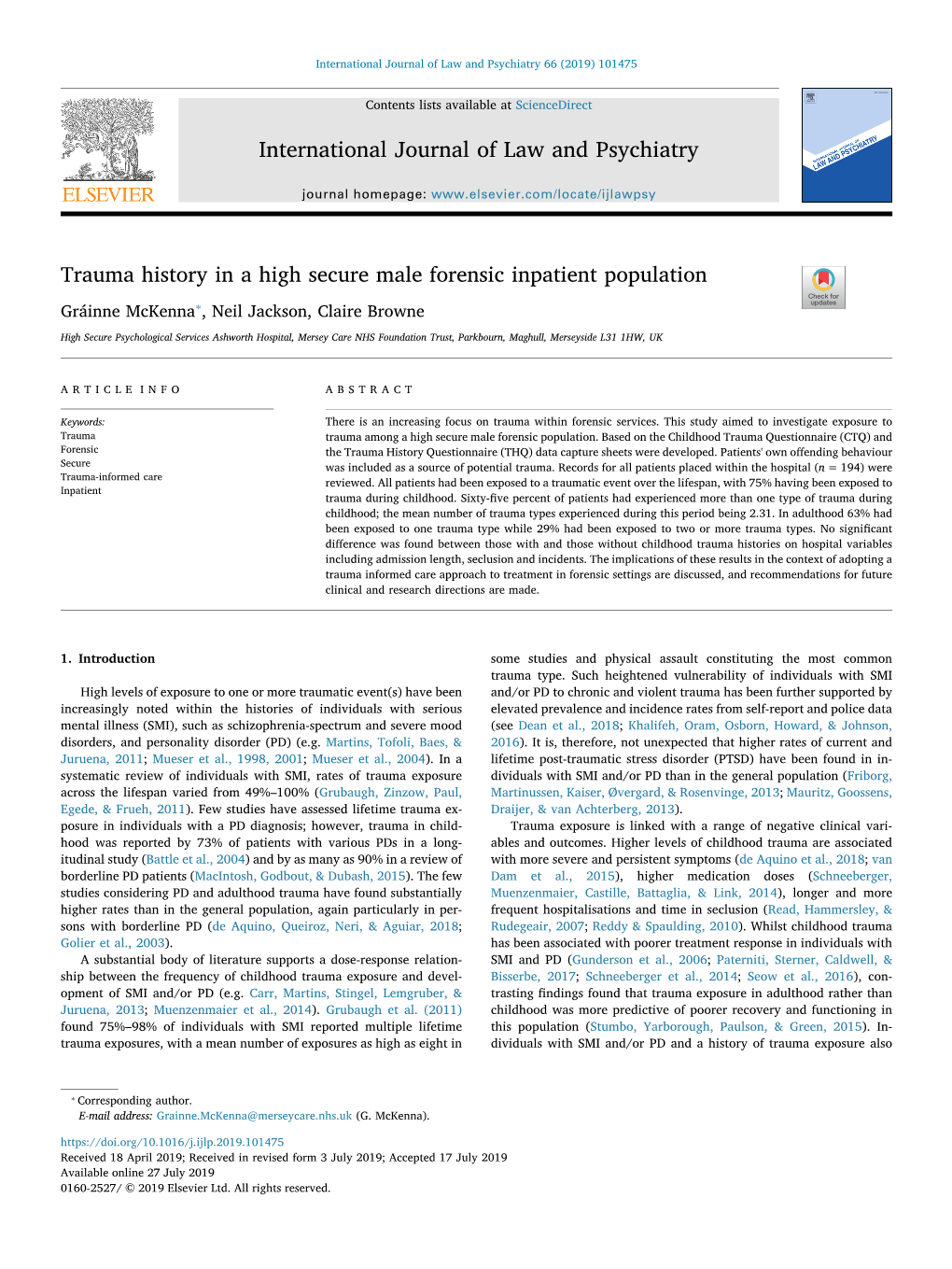 Trauma History in a High Secure Male Forensic Inpatient Population T ⁎ Gráinne Mckenna , Neil Jackson, Claire Browne