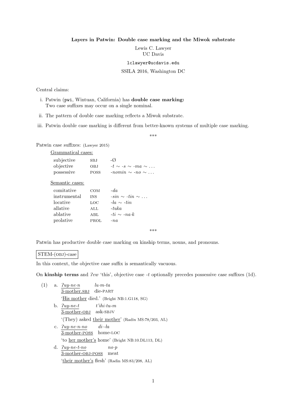 Layers in Patwin: Double Case Marking and the Miwok Substrate Lewis C