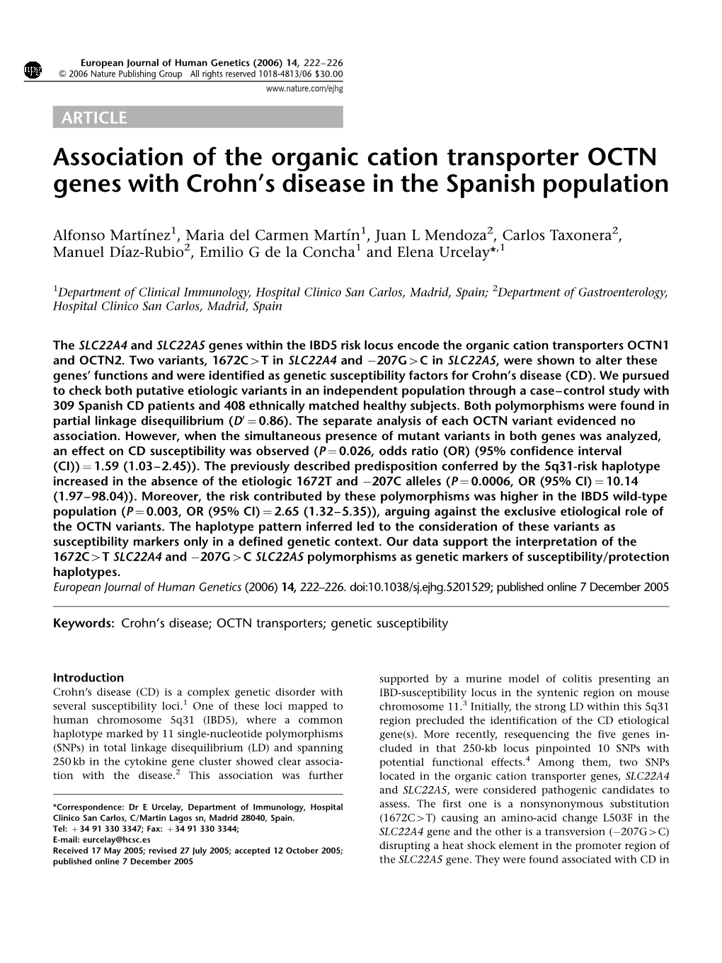 Association of the Organic Cation Transporter OCTN Genes with Crohn’S Disease in the Spanish Population