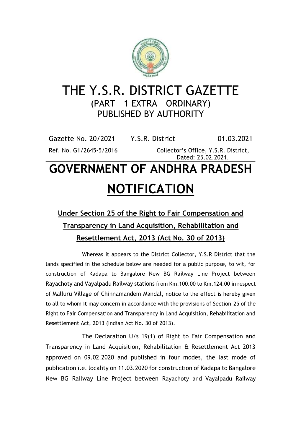 The Y.S.R. District Gazette Notification