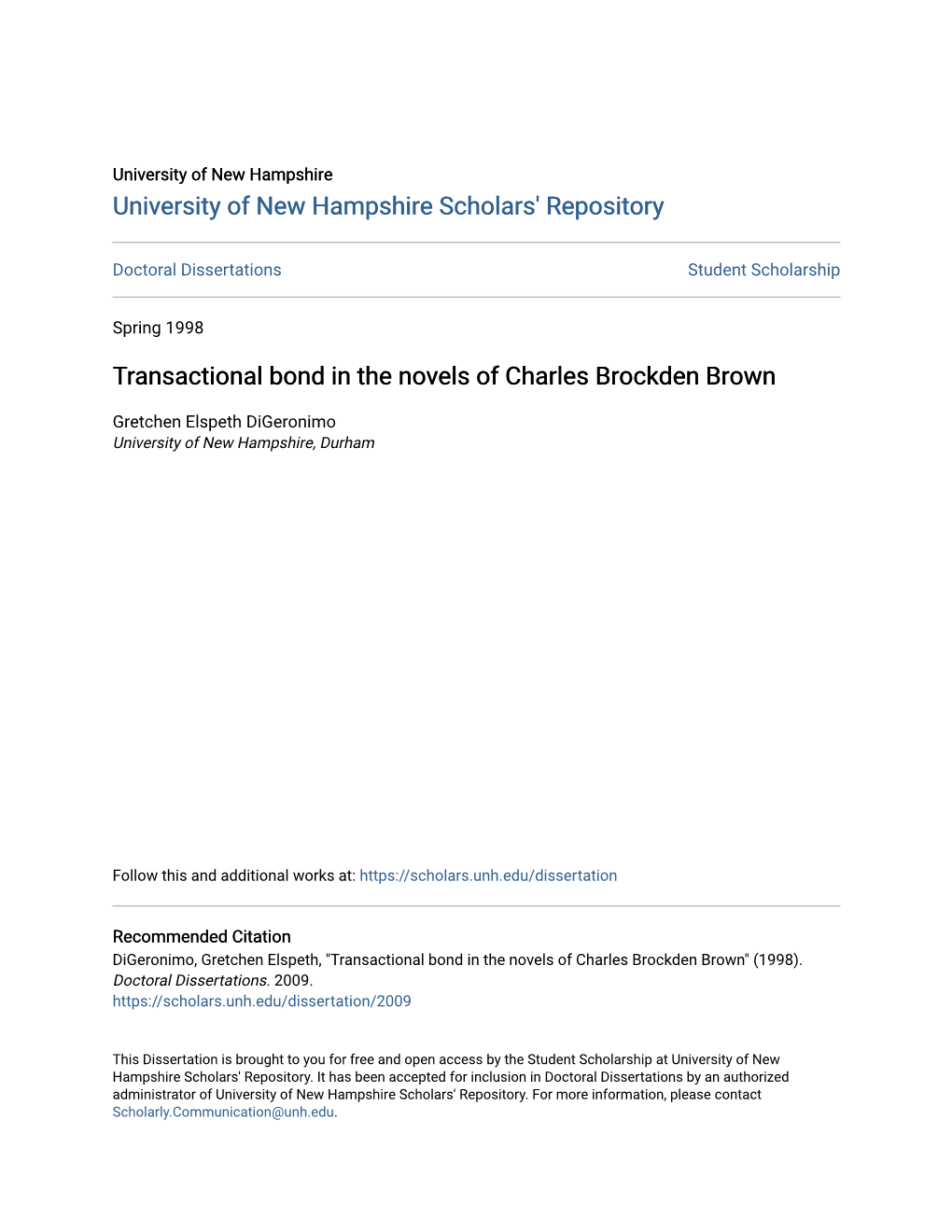 Transactional Bond in the Novels of Charles Brockden Brown