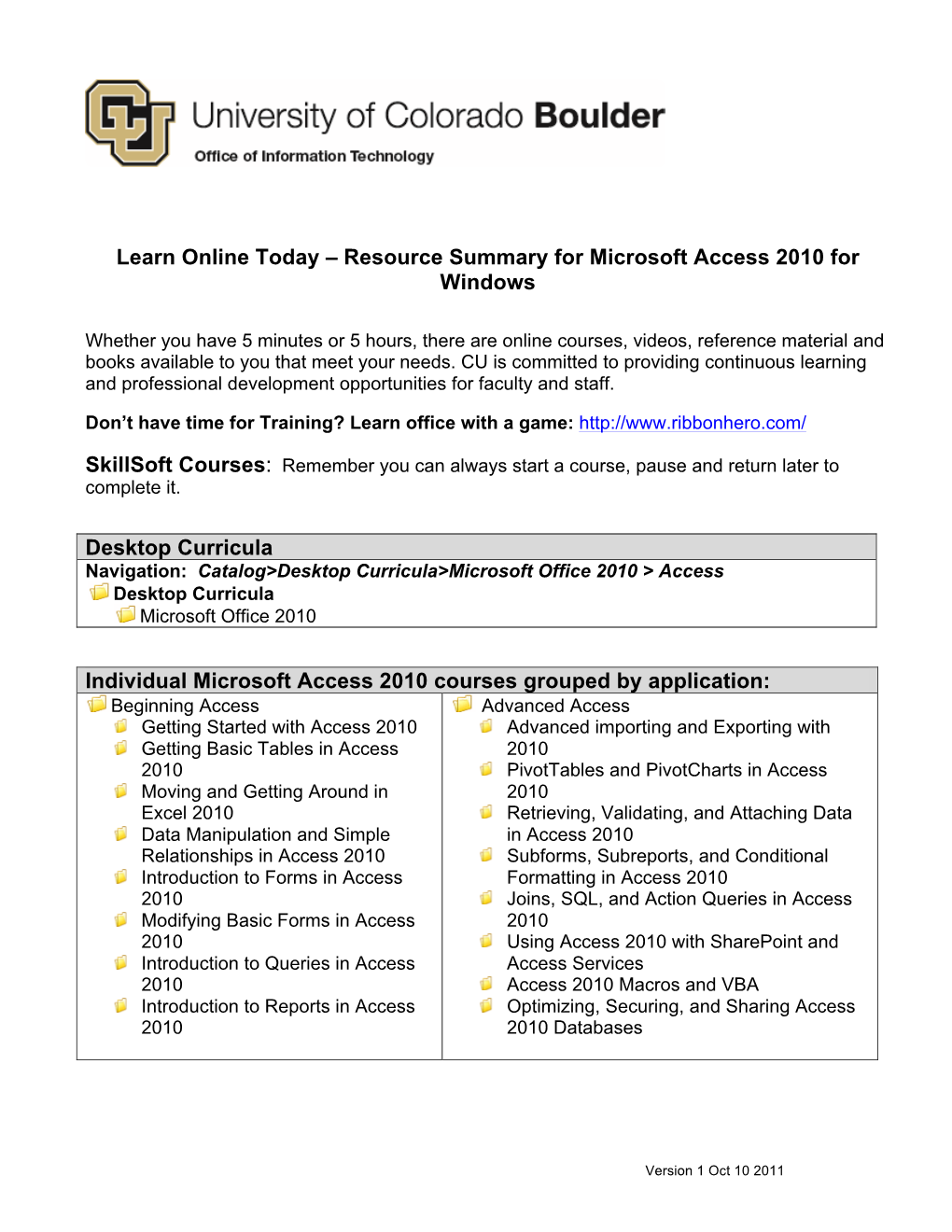 Resource Summary for Microsoft Access 2010 for Windows Desktop