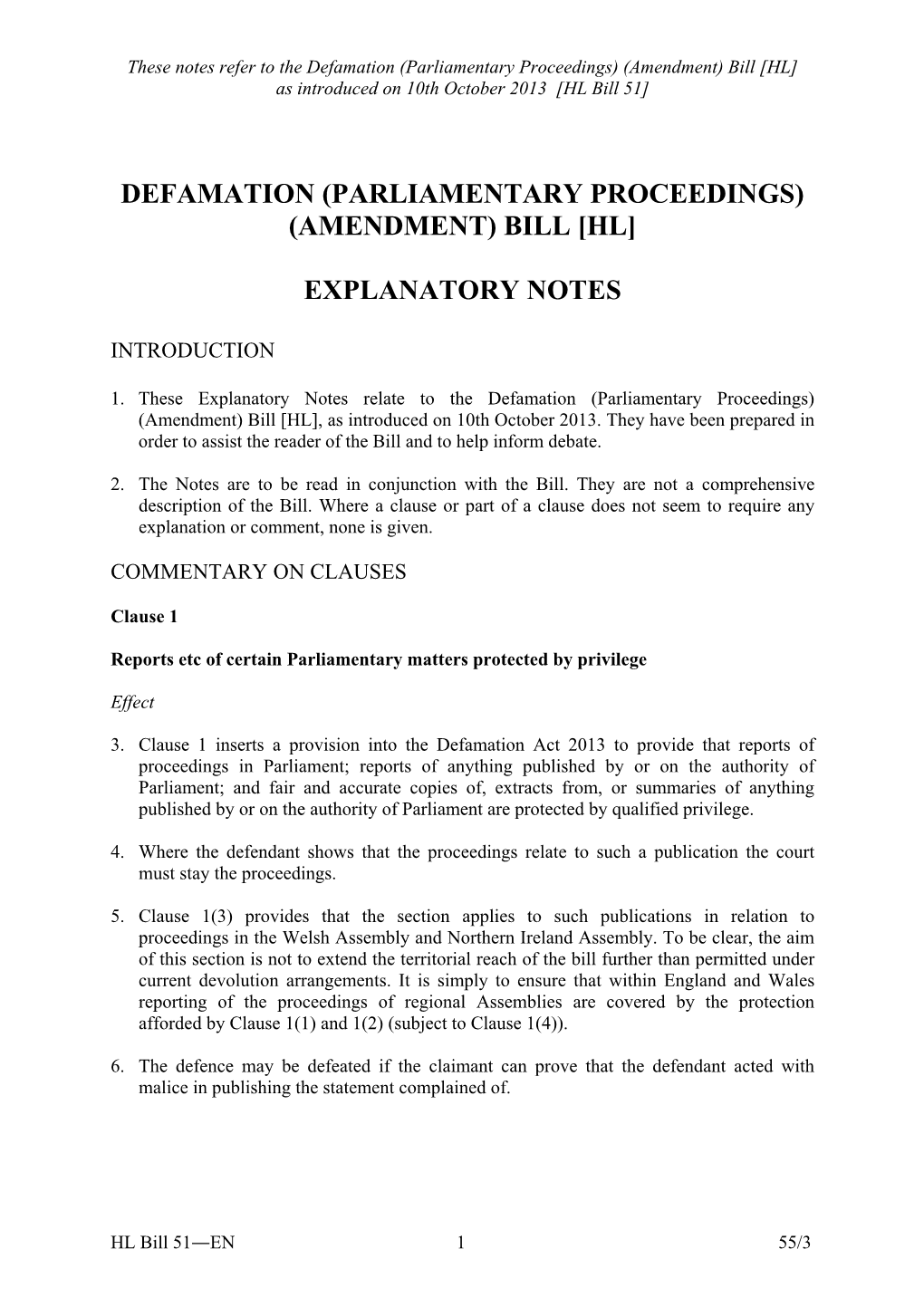 Defamation (Parliamentary Proceedings) (Amendment) Bill [HL] As Introduced on 10Th October 2013 [HL Bill 51]
