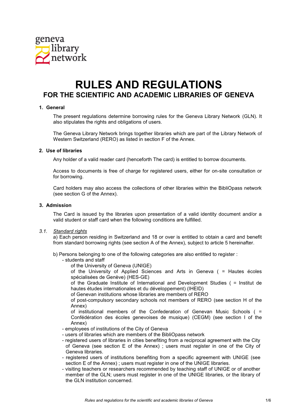 Rules and Regulations for the Scientific and Academic Libraries of Geneva