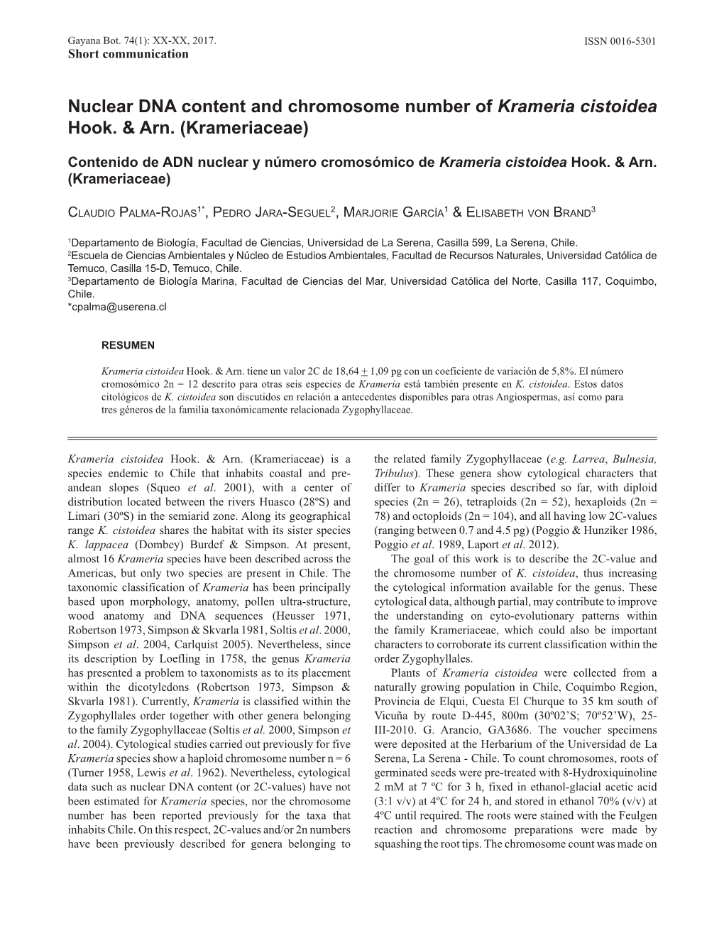 Nuclear DNA Content and Chromosome Number of Krameria Cistoidea Hook