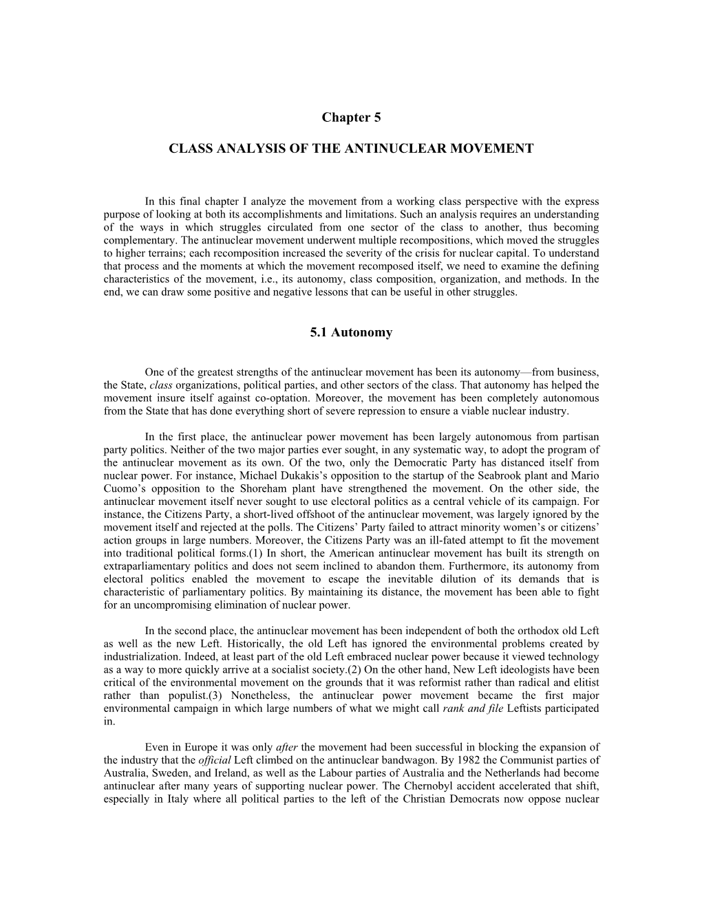 Chapter 5: CLASS ANALYSIS of the ANTINUCLEAR MOVEMENT