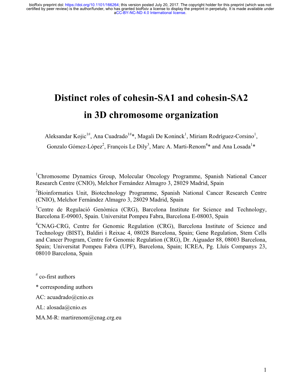 Distinct Roles of Cohesin-SA1 and Cohesin-SA2 in 3D Chromosome Organization