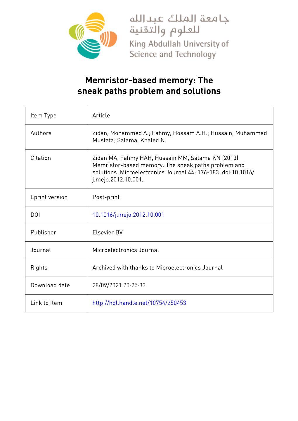 Memristor-Based Memory: the Sneak Paths Problem and Solutions