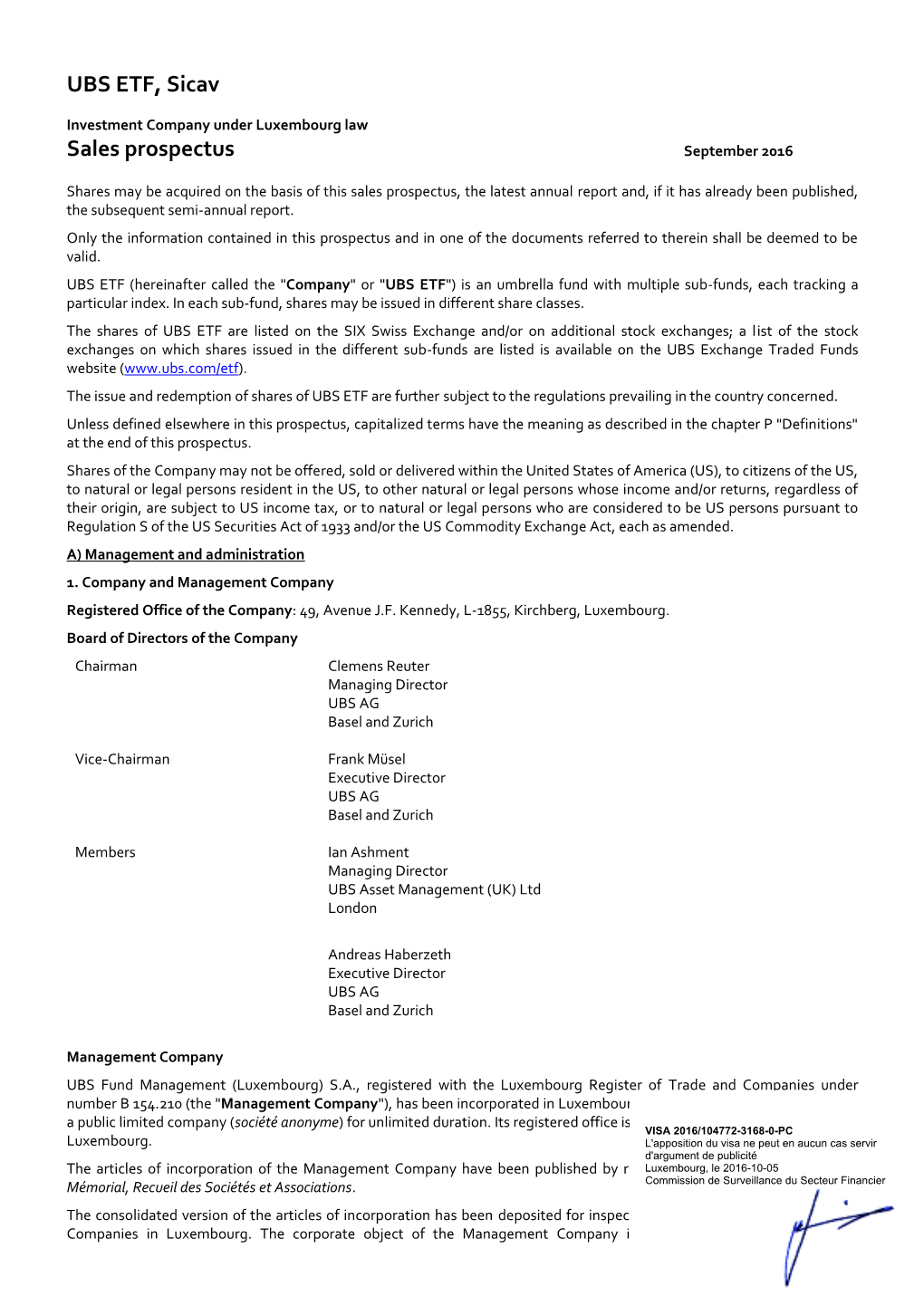 UBS ETF, Sicav Sales Prospectus