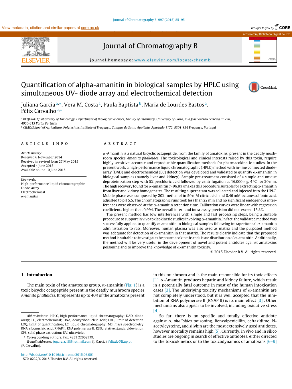 Quantification of Alpha-Amanitin in Biological Samples by HPLC Using Simultaneous UV