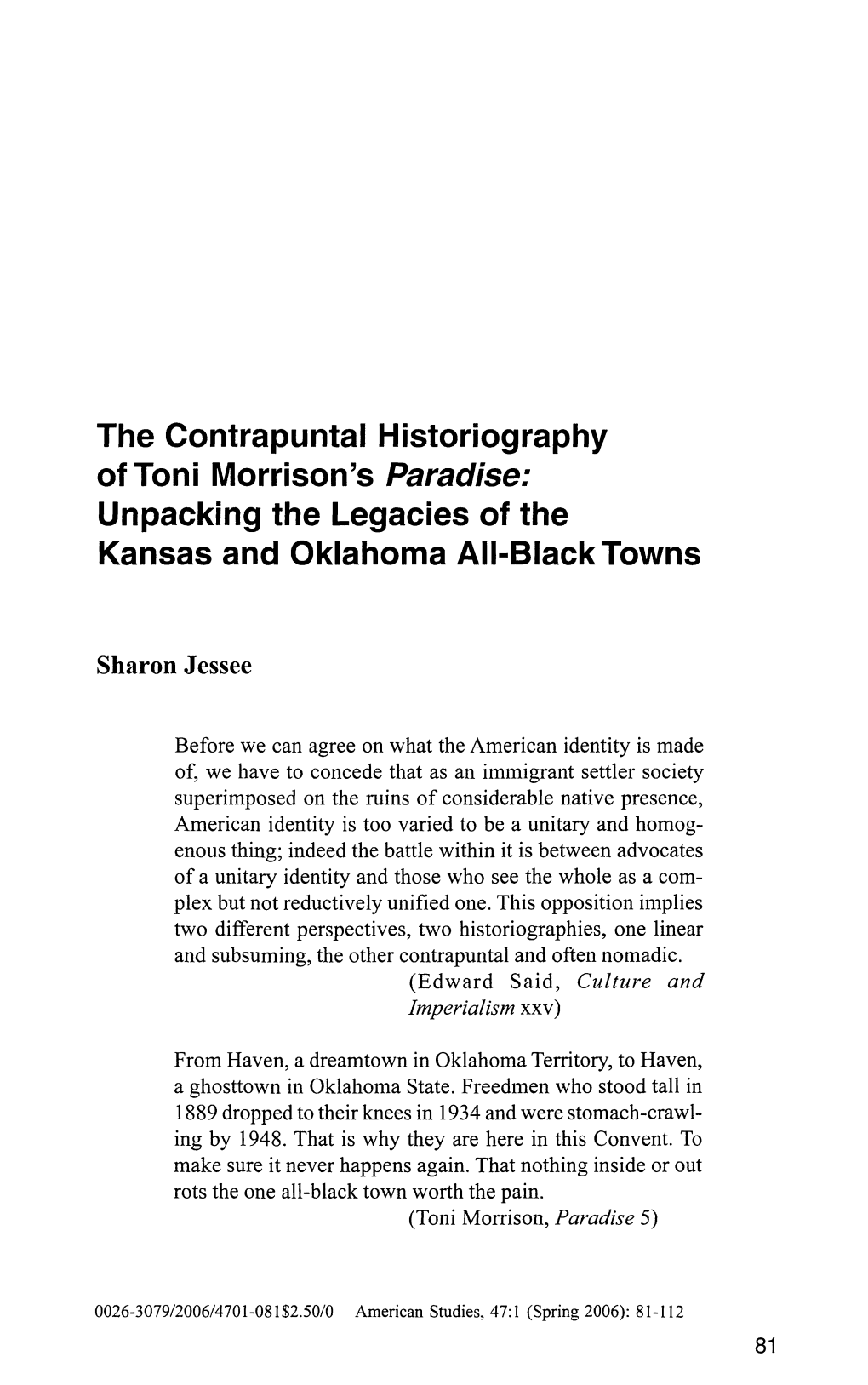 The Contrapuntal Historiography of Toni Morrison's Paradise: Unpacking the Legacies of the Kansas and Oklahoma All-Black Towns