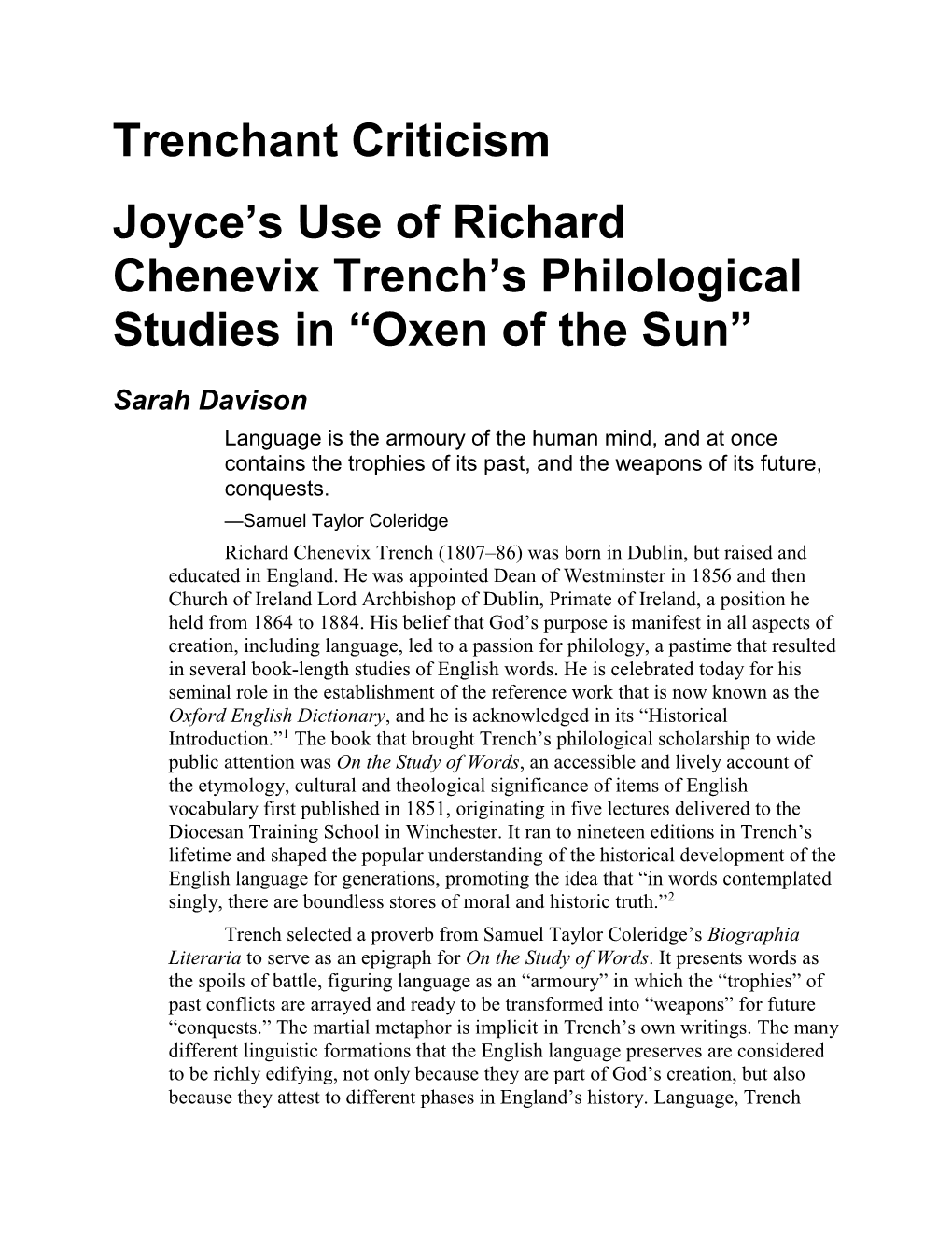 Trenchant Criticism Joyce's Use of Richard Chenevix Trench's