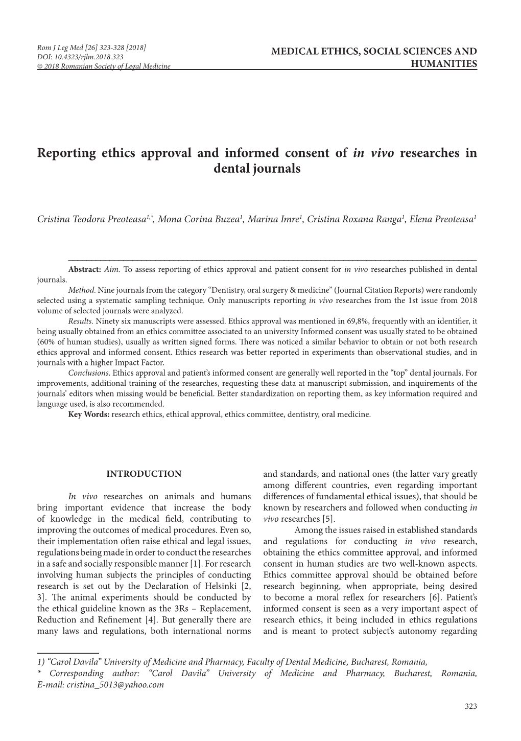 Reporting Ethics Approval and Informed Consent of in Vivo Researches in Dental Journals