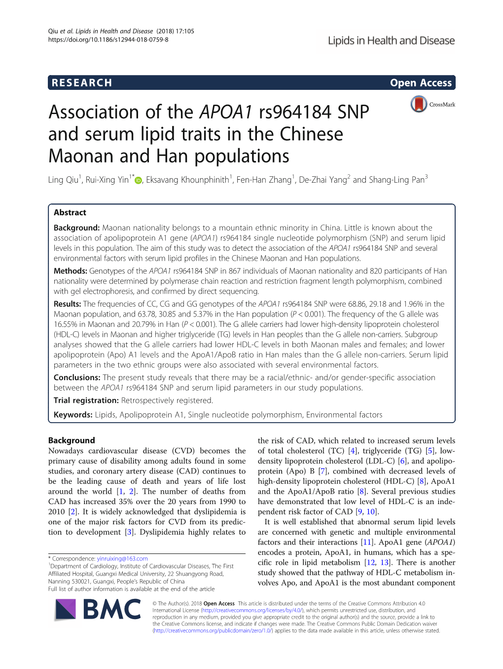 Association of the APOA1 Rs964184 SNP