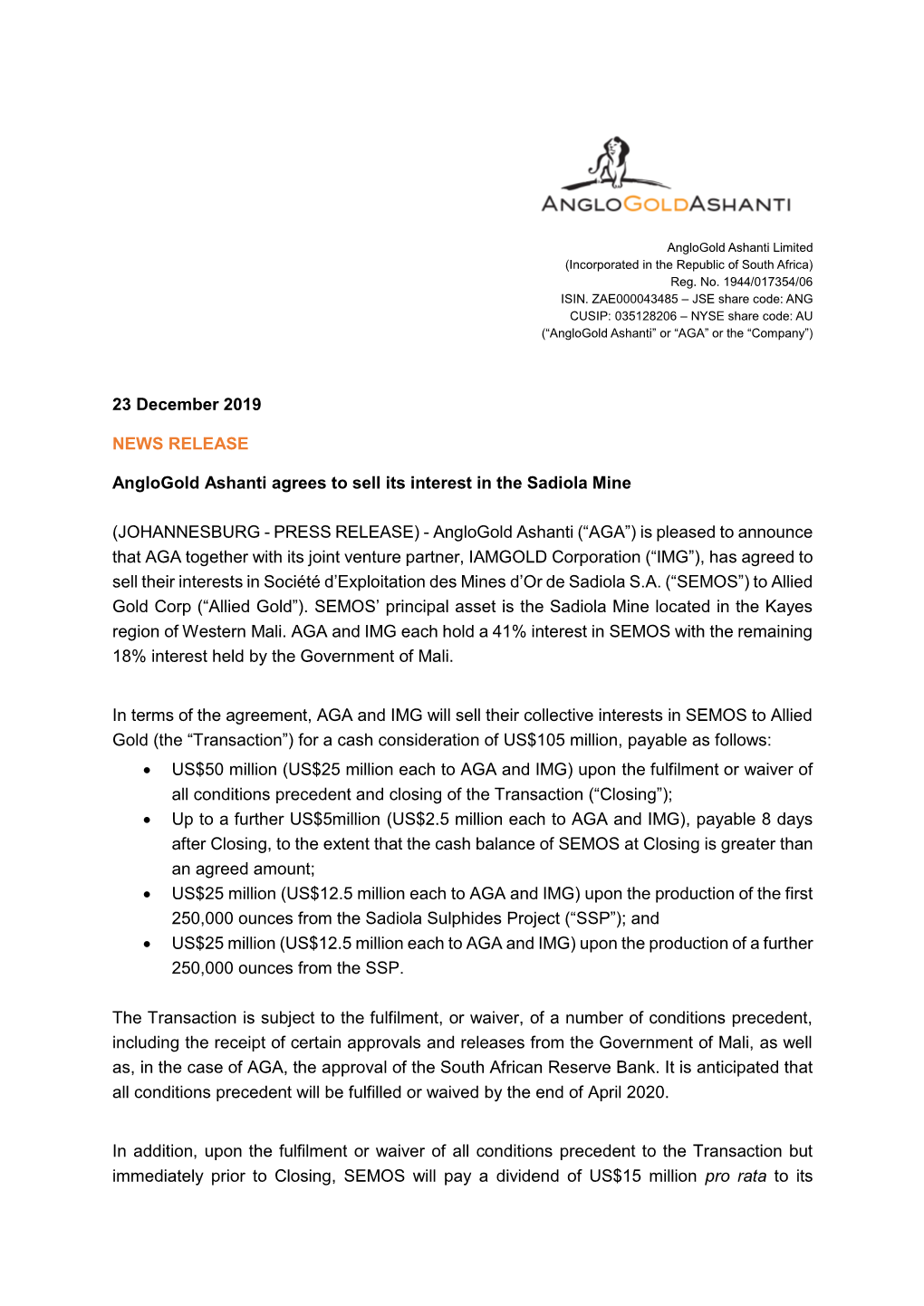 Anglogold Ashanti Agrees to Sell Its Interest in the Sadiola Mine