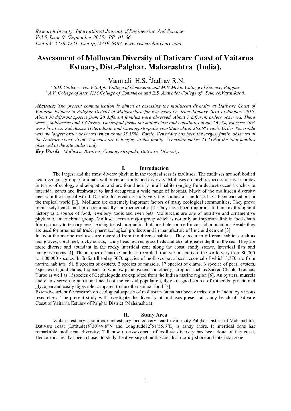 Assessment of Molluscan Diversity of Dativare Coast of Vaitarna Estuary, Dist.-Palghar, Maharashtra (India)