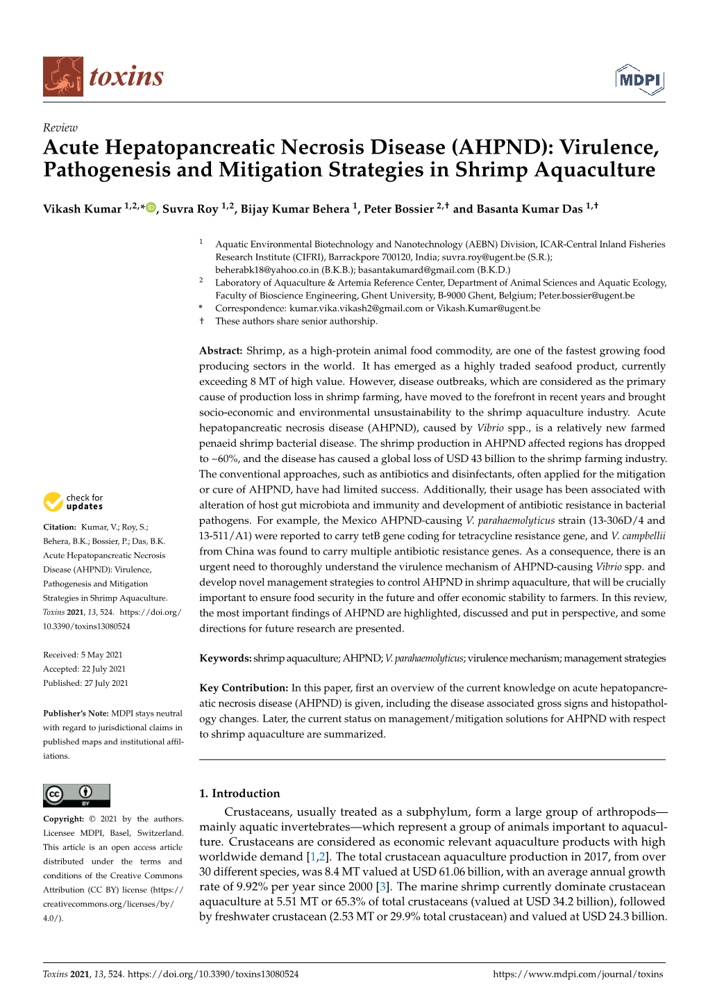 Acute Hepatopancreatic Necrosis Disease (AHPND): Virulence, Pathogenesis and Mitigation Strategies in Shrimp Aquaculture