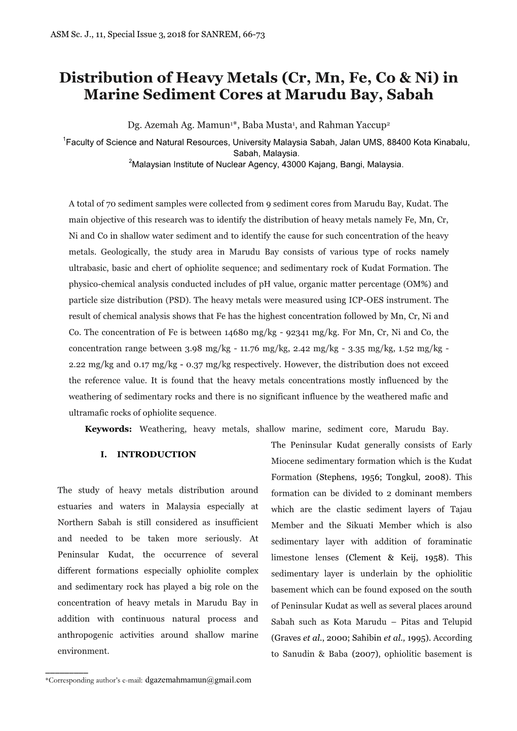 Distribution of Heavy Metals (Cr, Mn, Fe, Co & Ni) in Marine Sediment Cores at Marudu Bay, Sabah