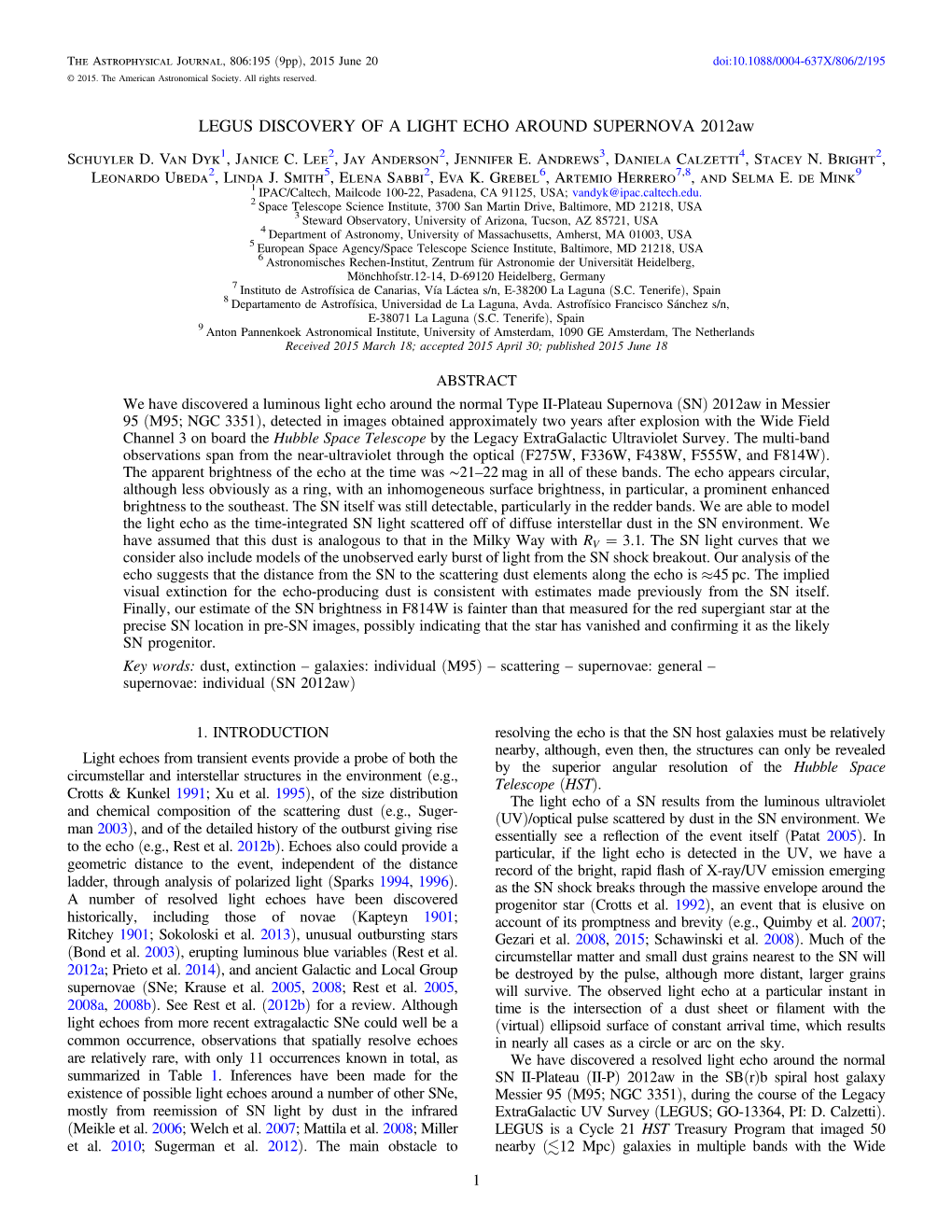 LEGUS DISCOVERY of a LIGHT ECHO AROUND SUPERNOVA 2012Aw Schuyler D