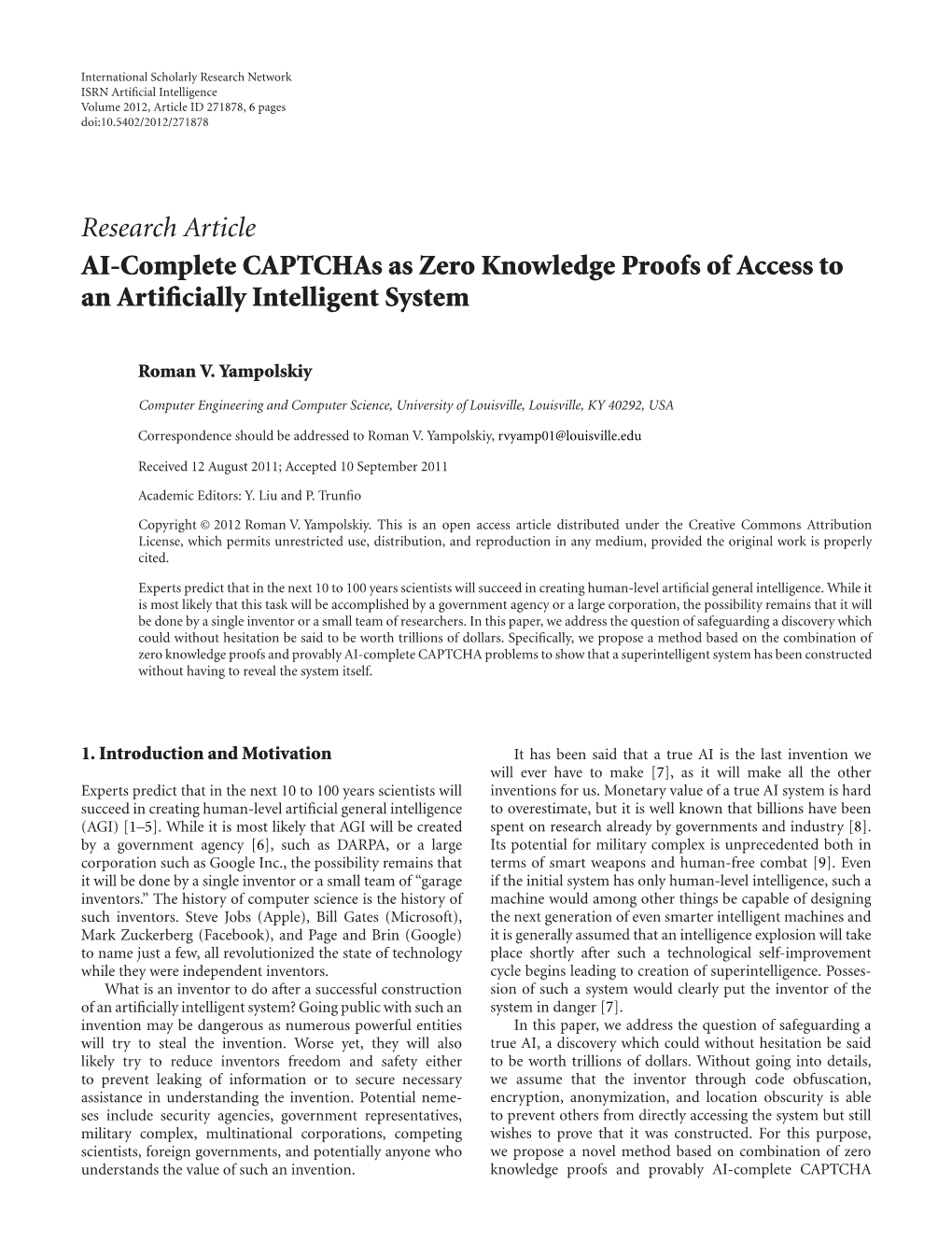 AI-Complete Captchas As Zero Knowledge Proofs of Access to an Artiﬁcially Intelligent System