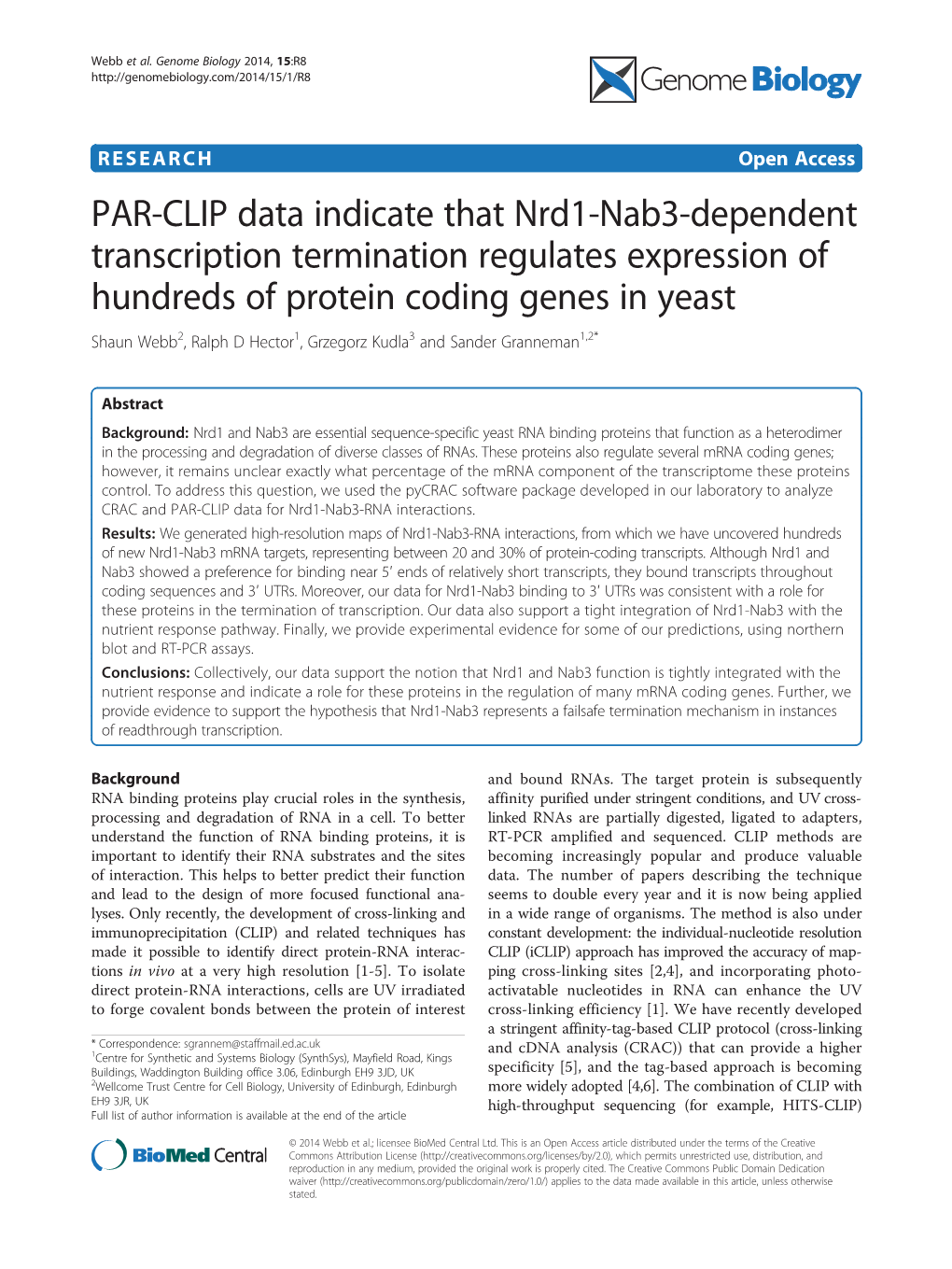 PAR-CLIP Data Indicate That Nrd1-Nab3-Dependent Transcription