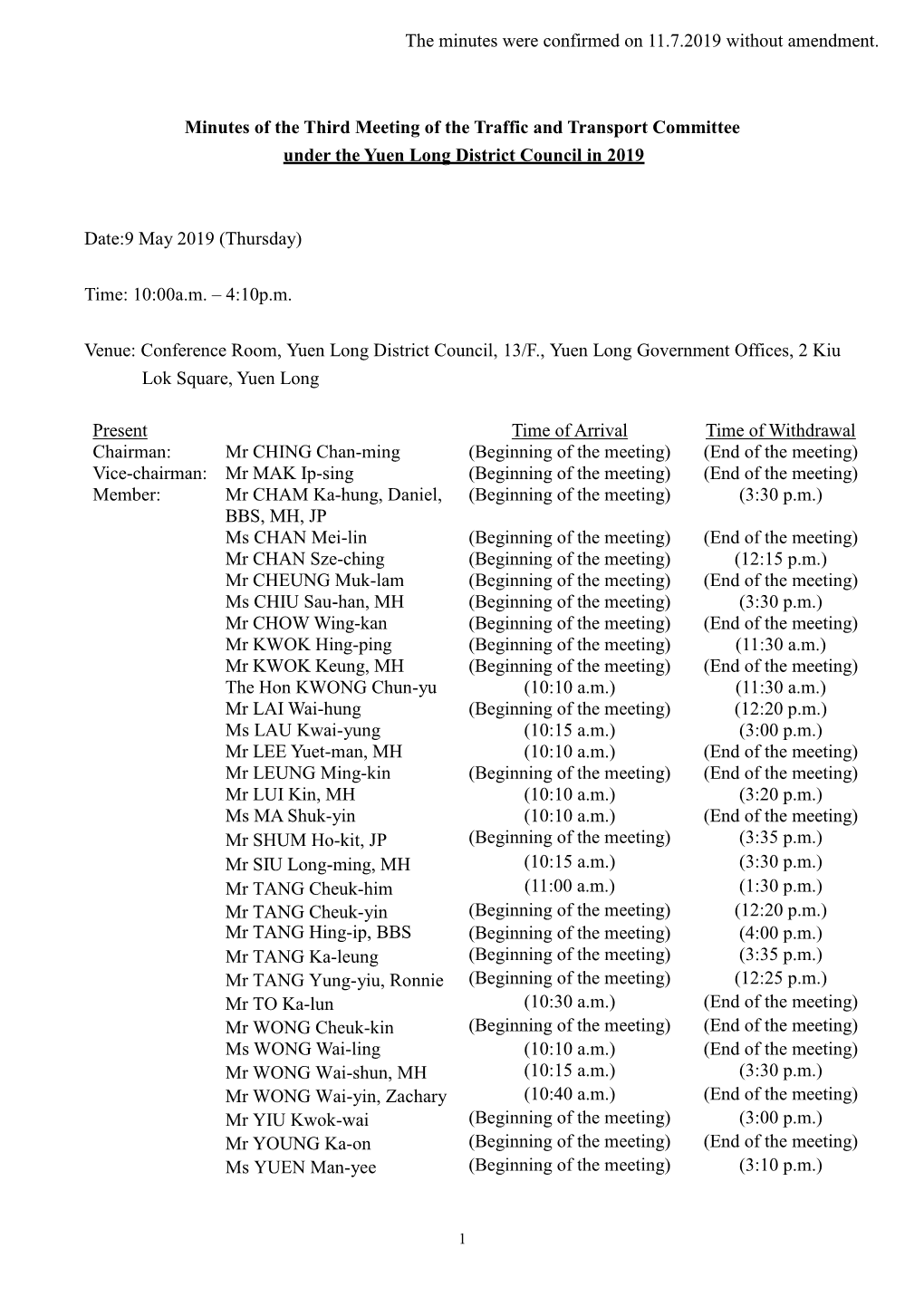 Minutes of the Third Meeting of the Traffic and Transport Committee Under the Yuen Long District Council in 2019