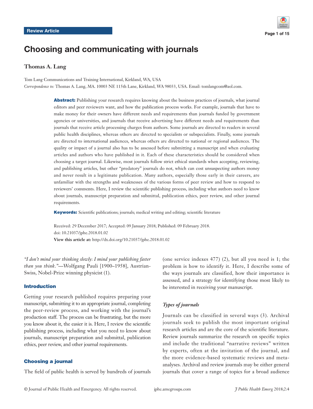 Choosing and Communicating with Journals