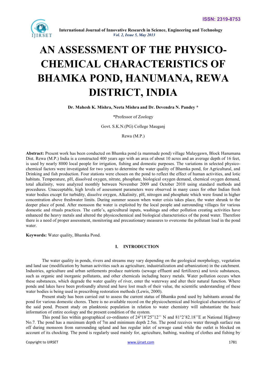 An Assessment of the Physico- Chemical Characteristics of Bhamka Pond, Hanumana, Rewa District, India