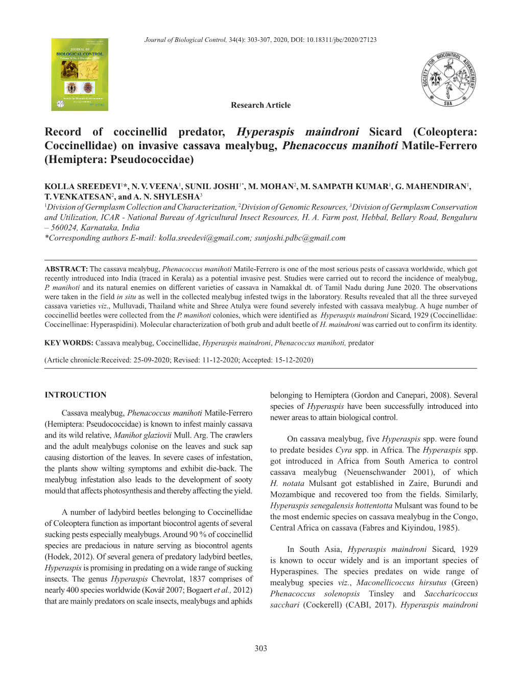 Record of Coccinellid Predator, Hyperaspis Maindroni Sicard