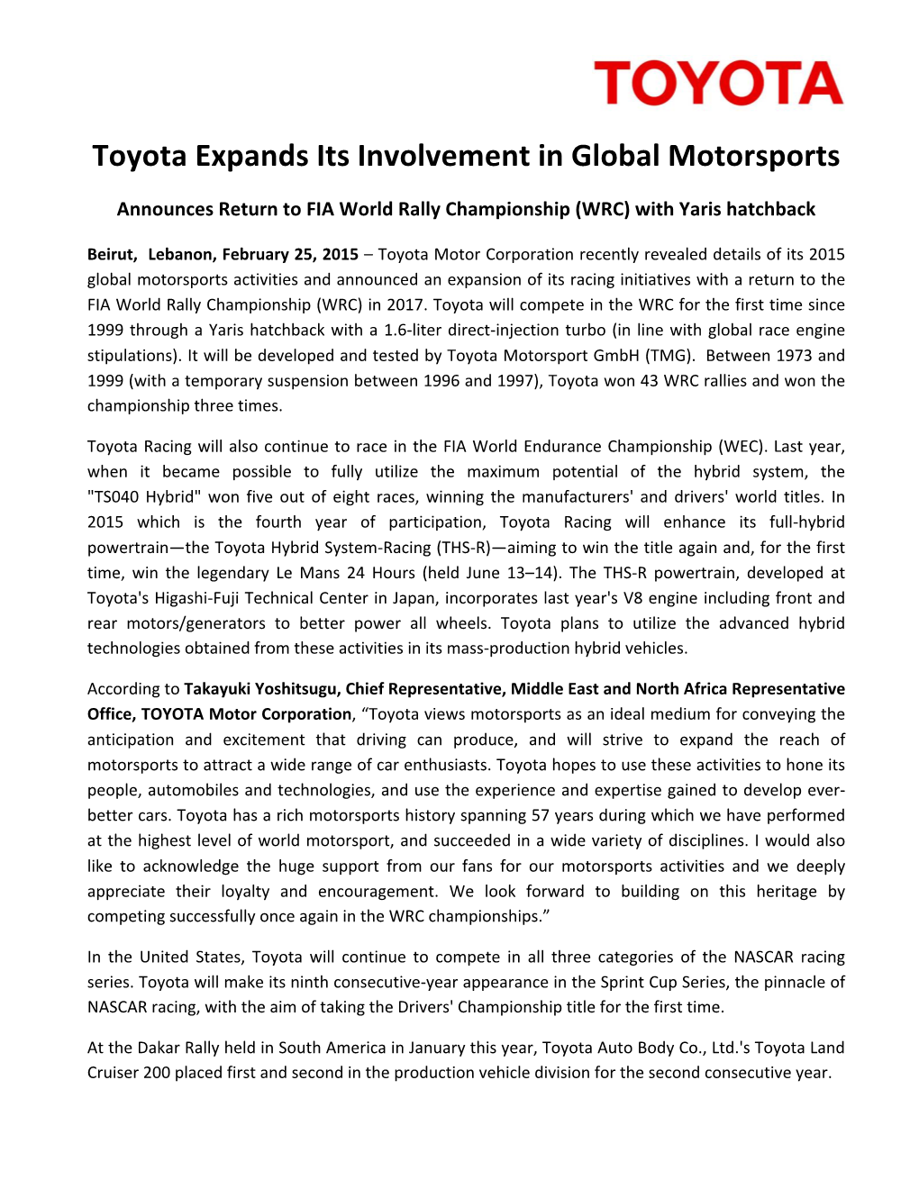 Toyota Expands Its Involvement in Global Motorsports