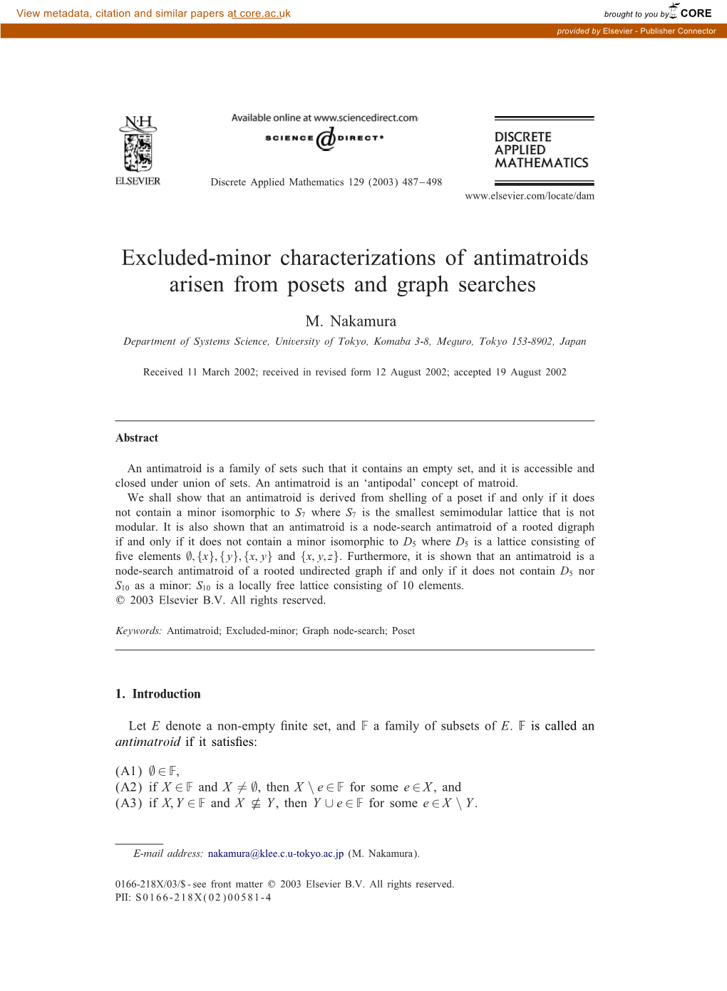 Excluded-Minor Characterizations of Antimatroids Arisen from Posets and Graph Searches