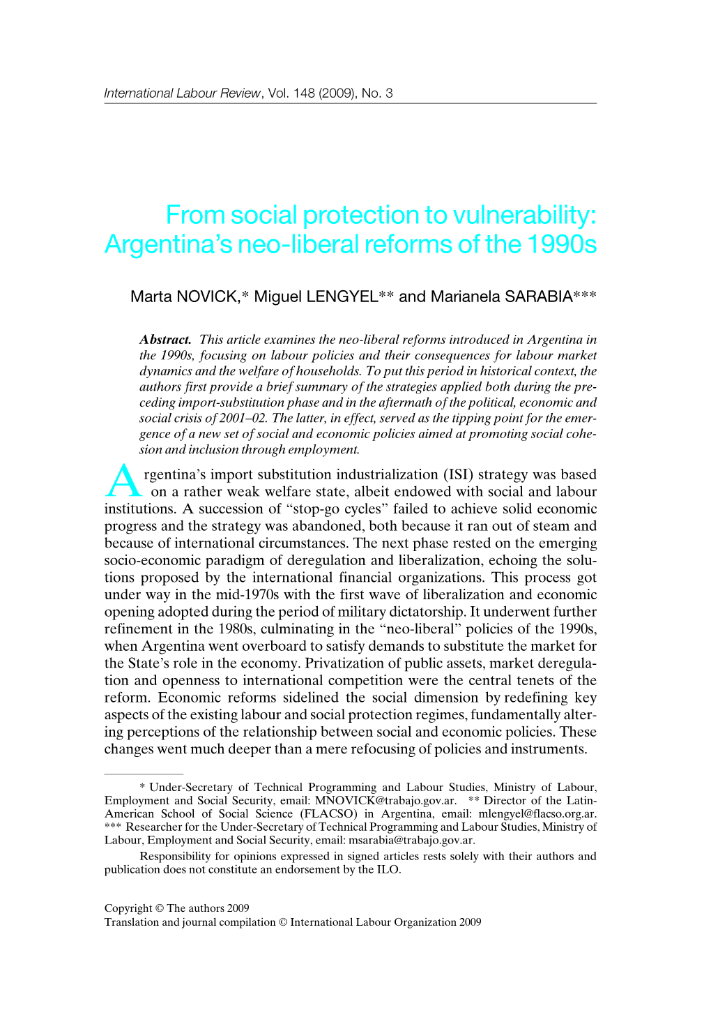 From Social Protection to Vulnerability: Argentina's Neo-Liberal Reforms Of