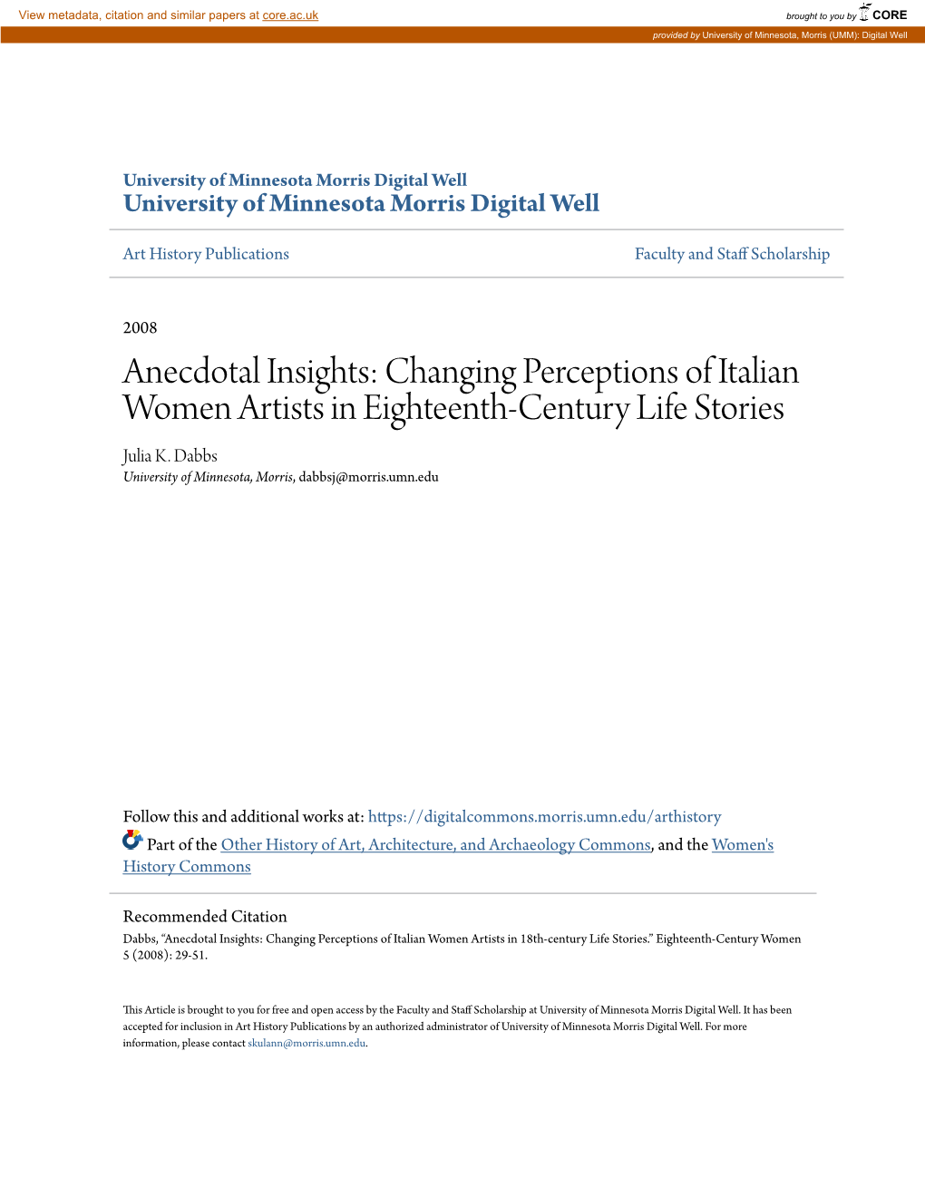 Changing Perceptions of Italian Women Artists in Eighteenth-Century Life Stories Julia K