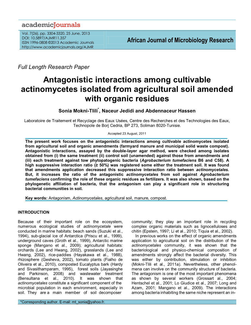 Antagonistic Interactions Between Cultivables Actinomycetes Isolated